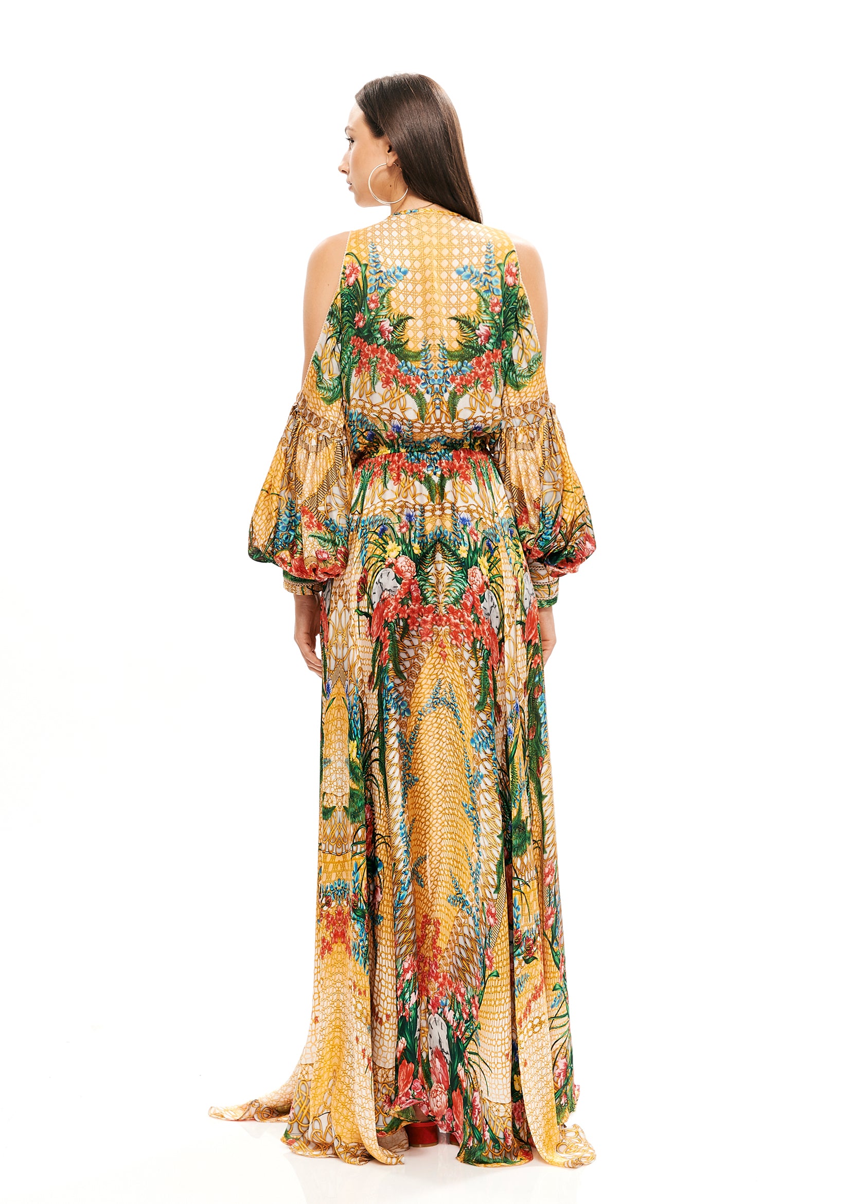 Balloon Arms Long Dress in Alice Garden Natural Sand Print, featuring voluminous sleeves and a flowing silhouette.