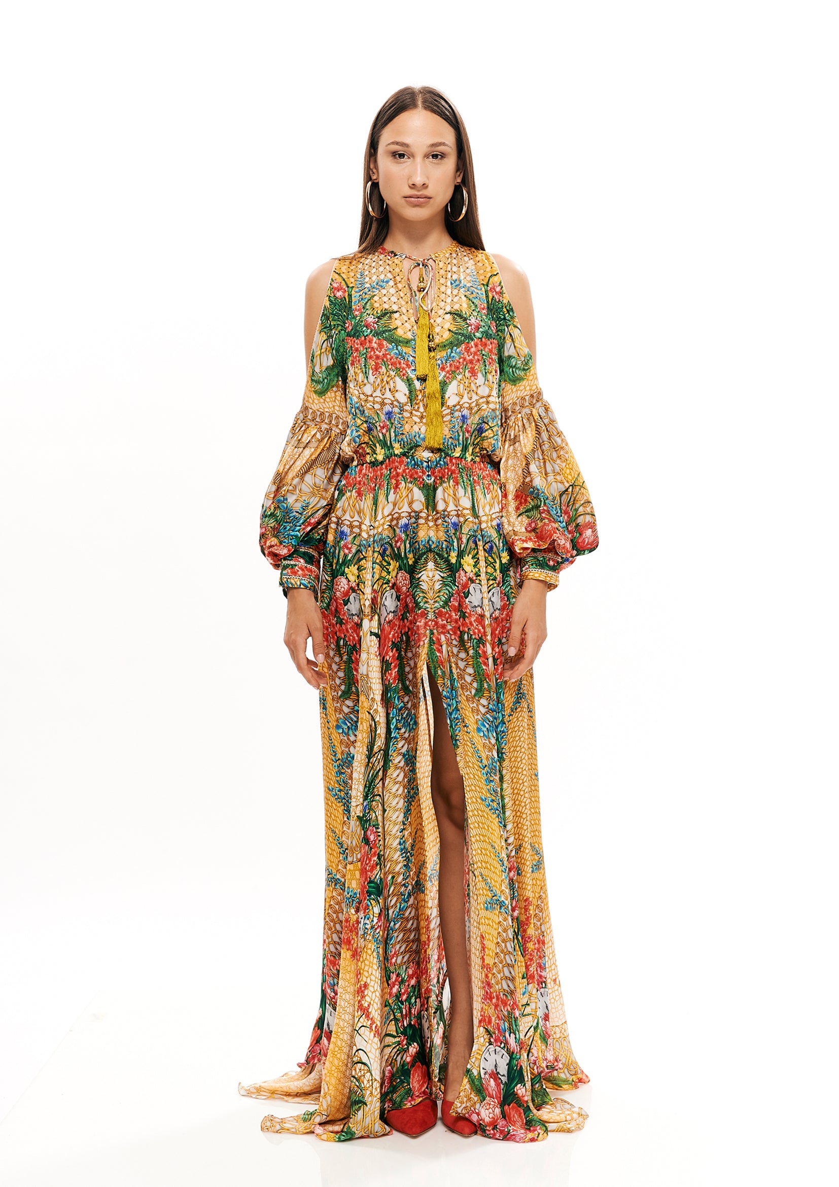 Balloon Arms Long Dress in Alice Garden Natural Sand Print, featuring voluminous sleeves and a flowing silhouette.