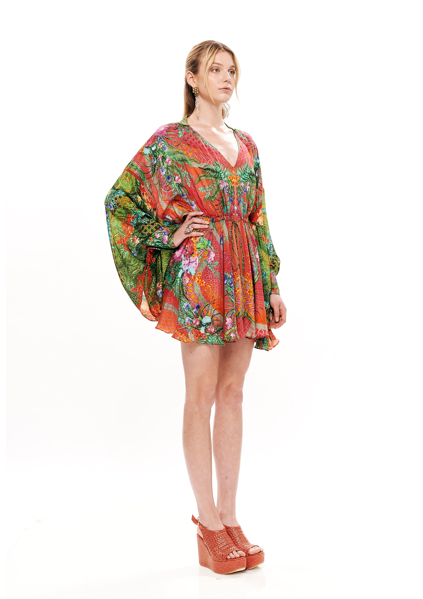Bat tunic with drawstrings in Alice Garden Neon Sunset / Alice Garden Jungle print