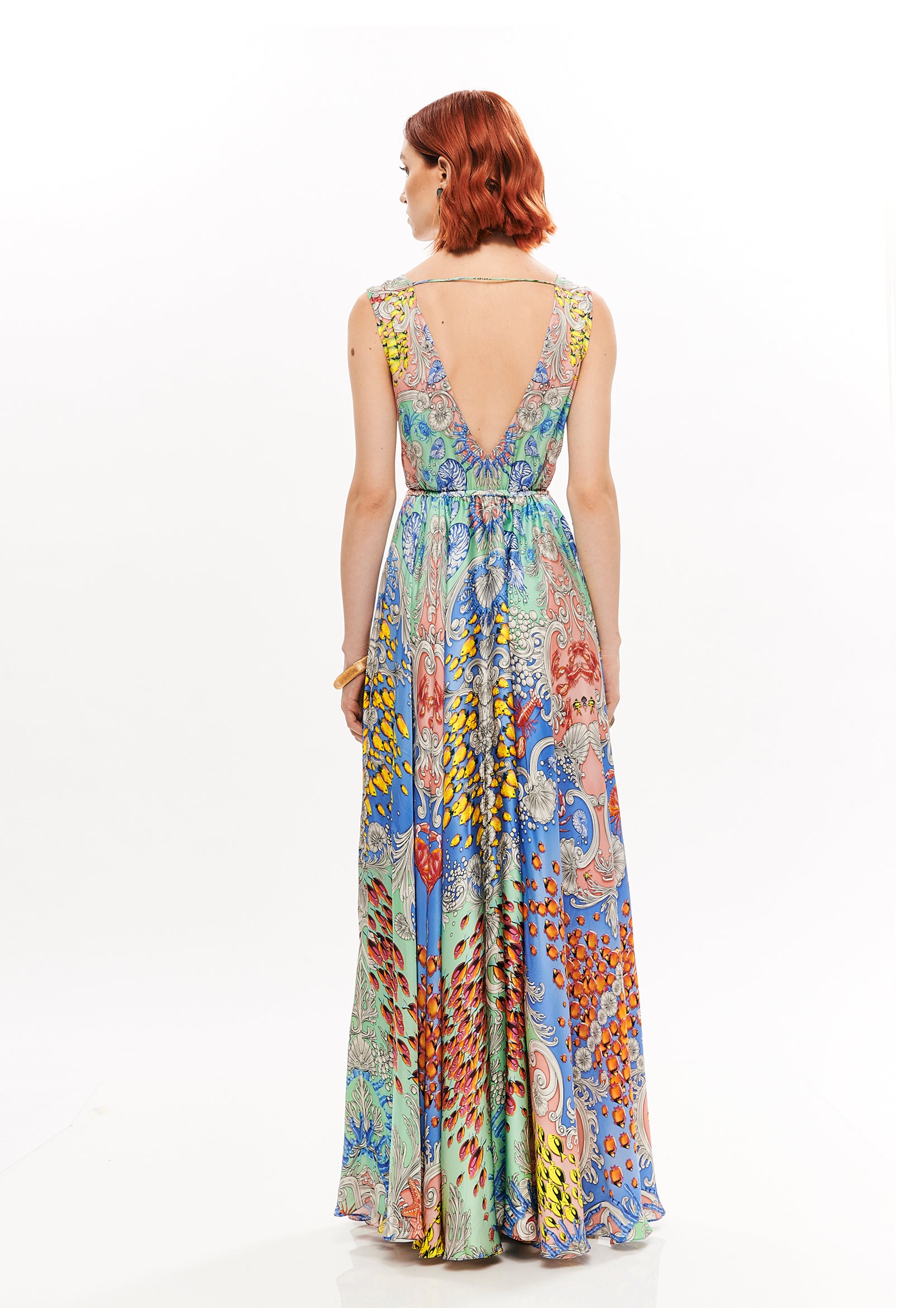 V-shape long dress in Mare Tesor Alba print