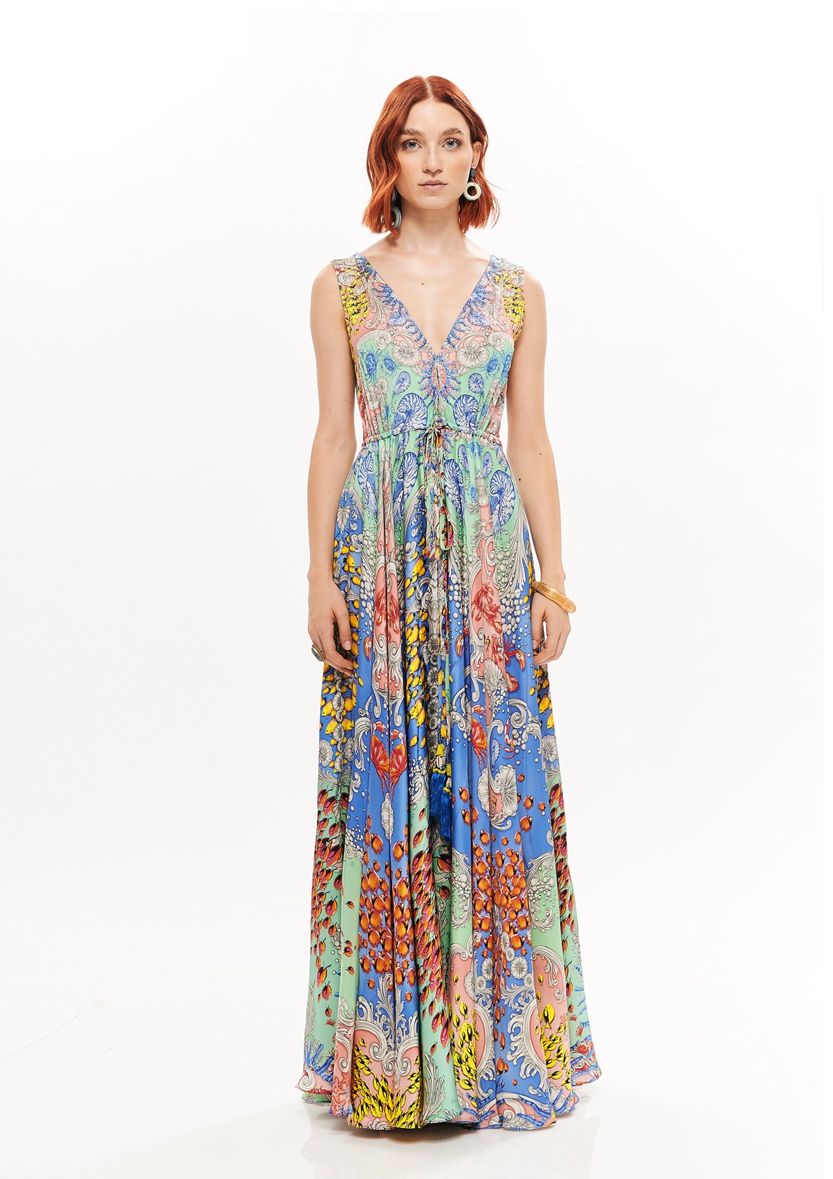 V-shape long dress in Mare Tesor Alba print