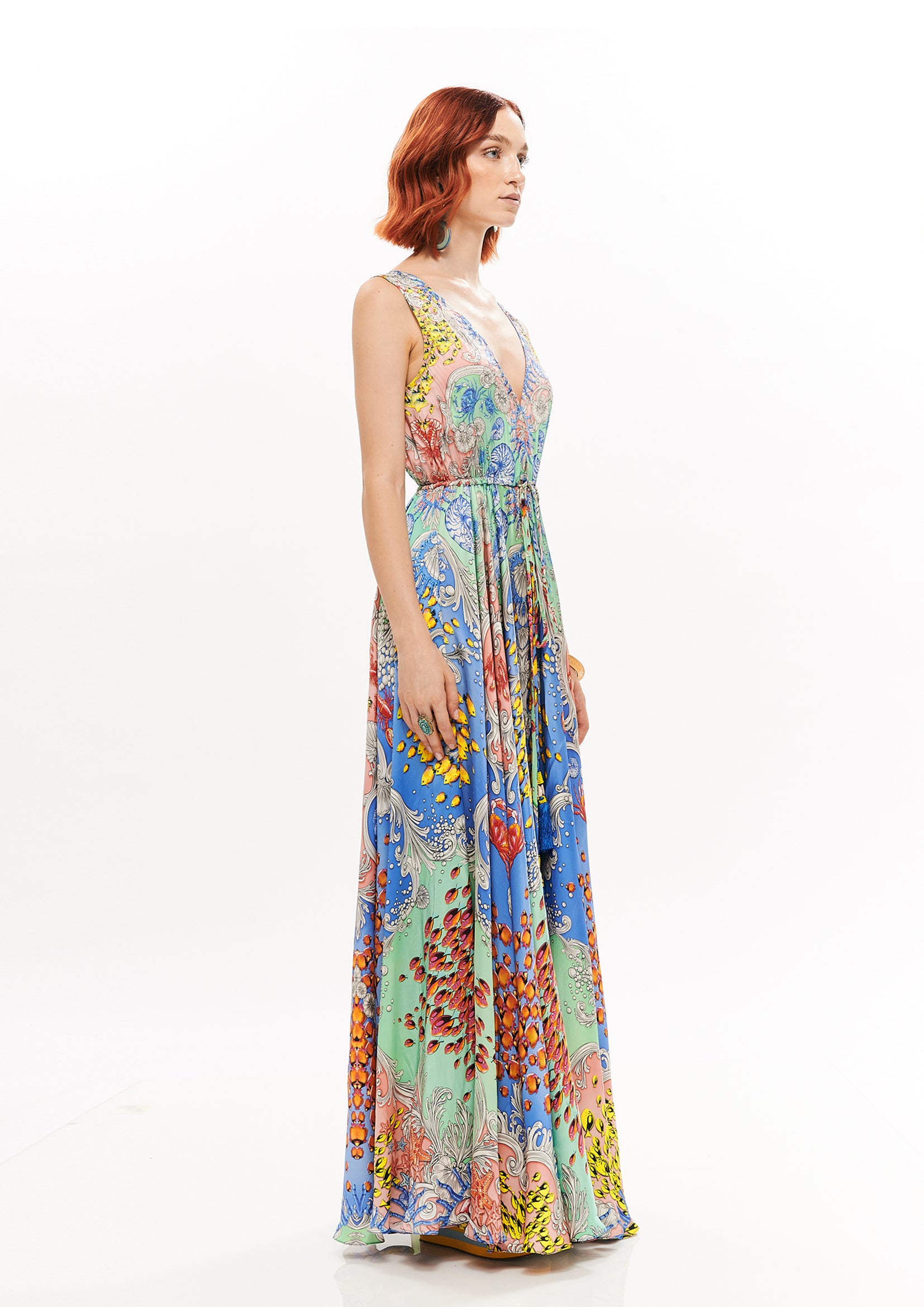 V-shape long dress in Mare Tesor Alba print