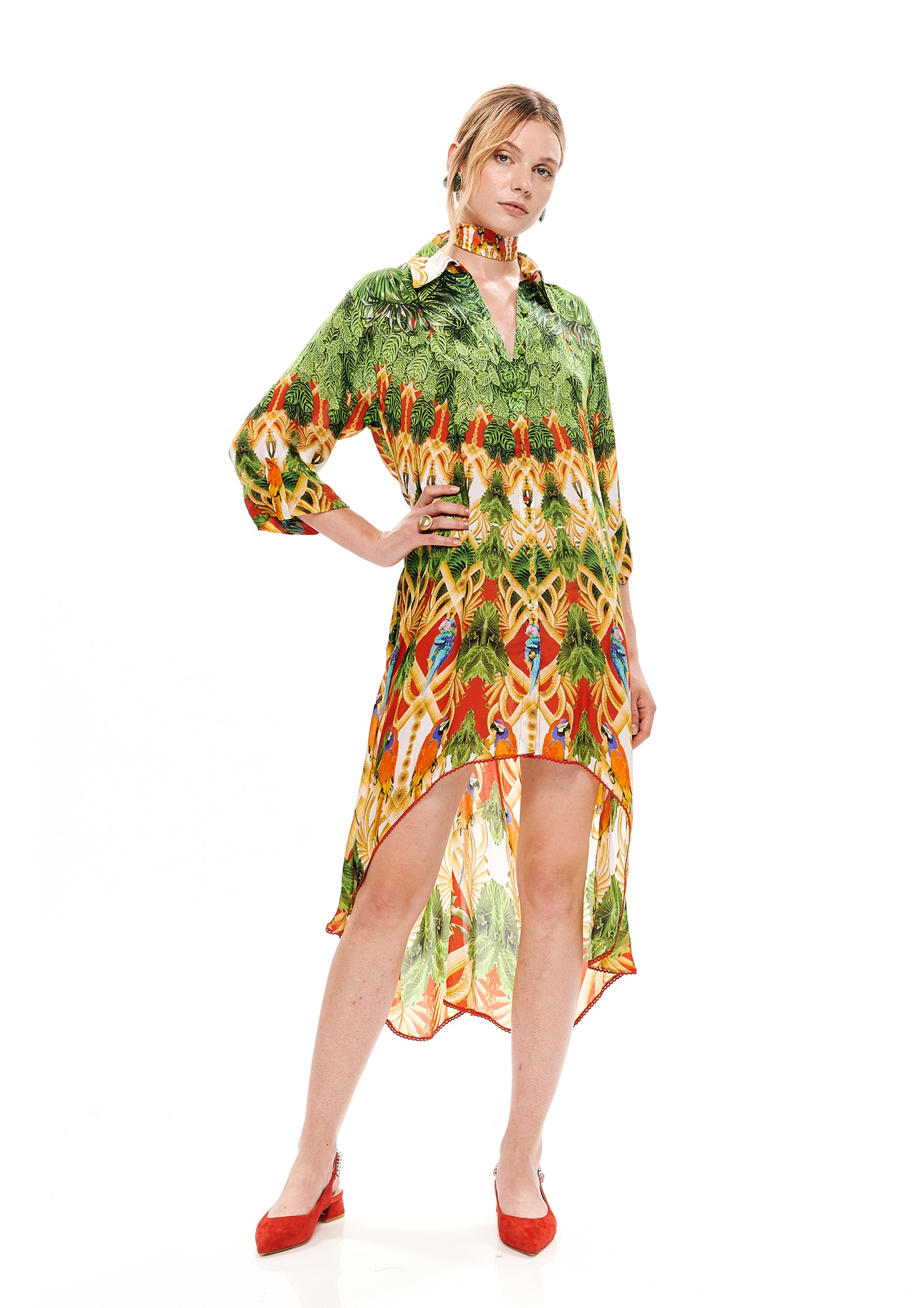 Back draped mini chemisier in Acanthus Temple Red