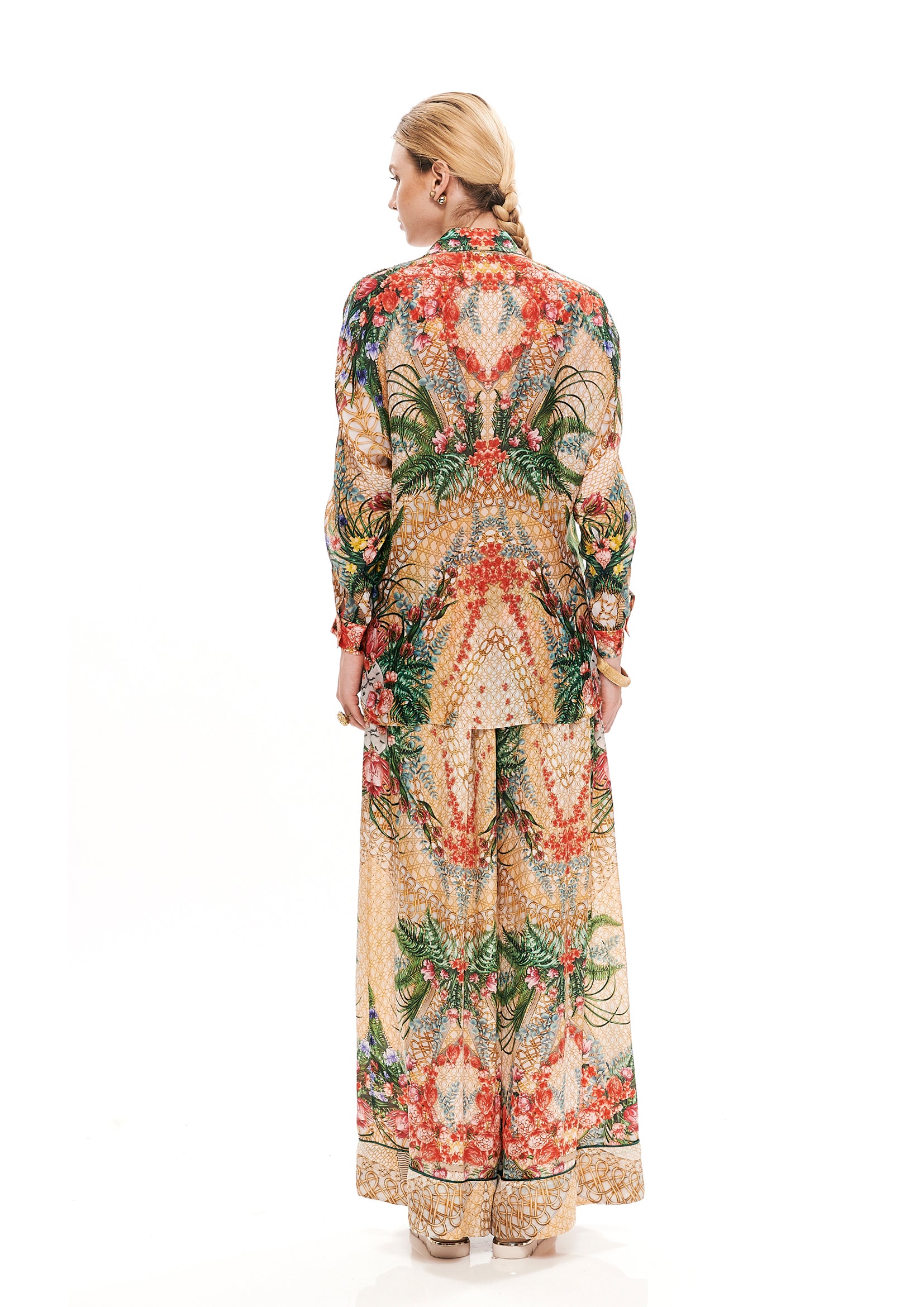 Lounge pants in Alice Garden Natural Sand print, 40% silk 60% Bemberg
