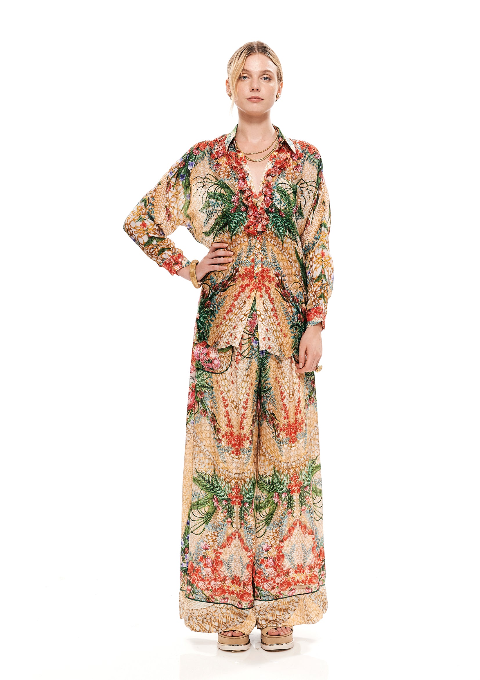 Lounge pants in Alice Garden Natural Sand print, 40% silk 60% Bemberg