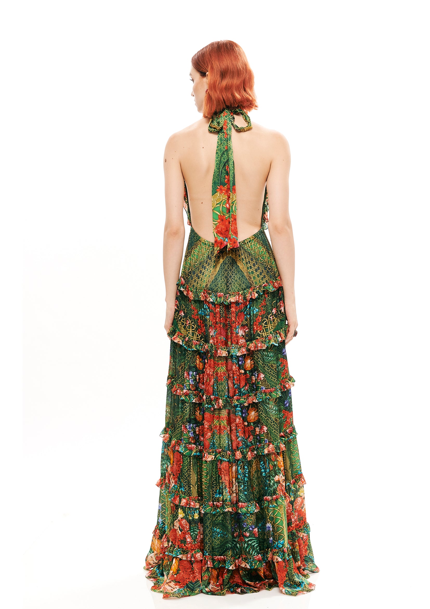 Backless knot midi dress in 100% Viscose with "Alice Garden Jungle" print.