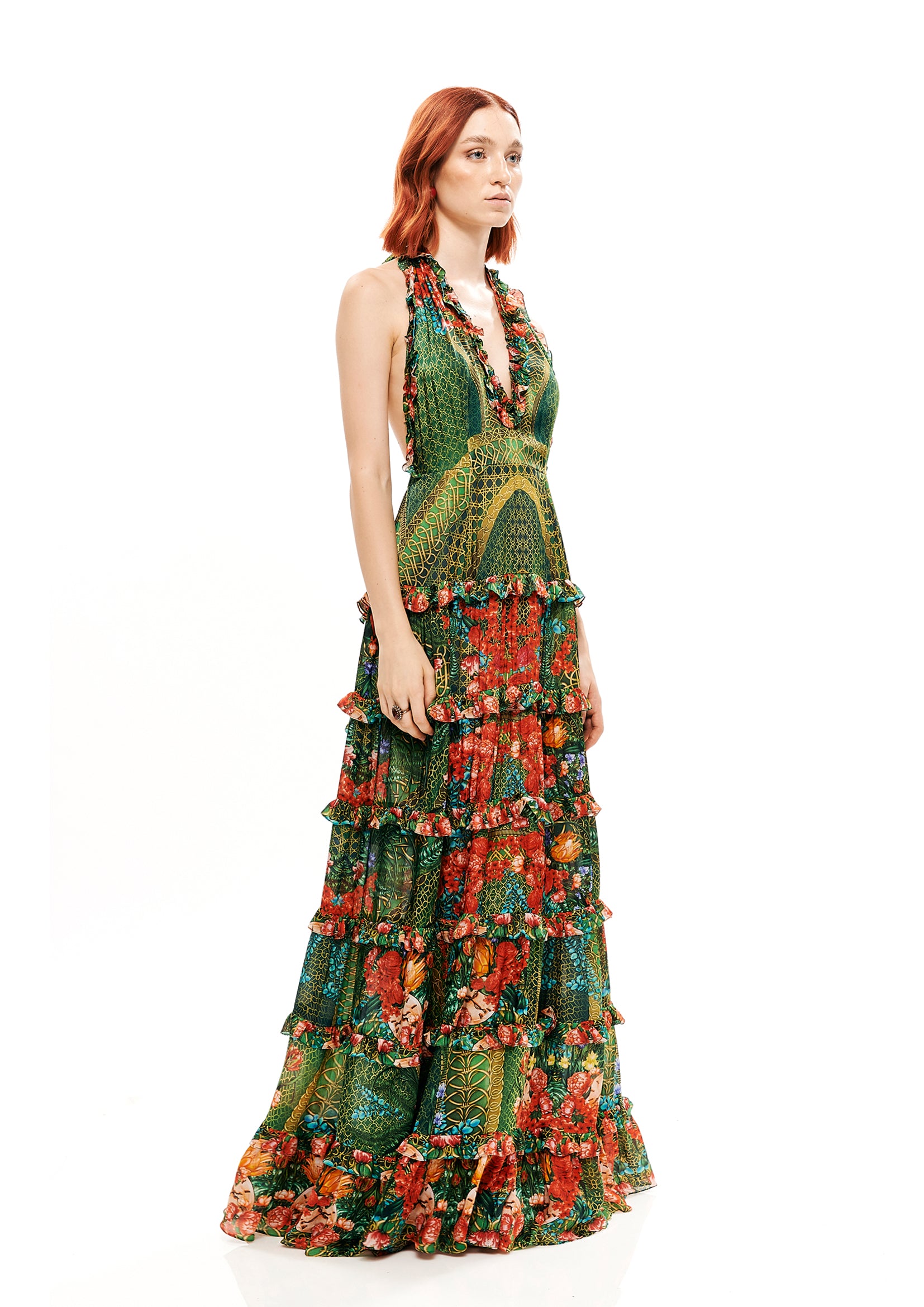 Backless knot midi dress in 100% Viscose with "Alice Garden Jungle" print.