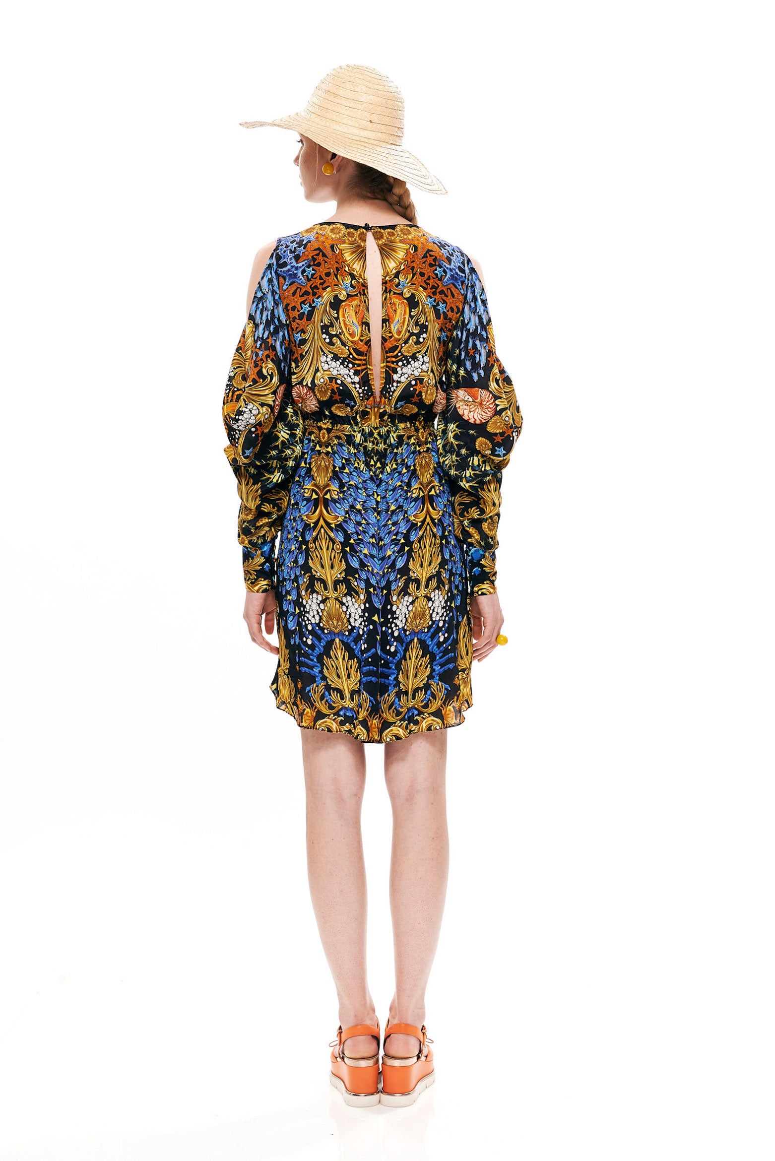 Lacing short jumpsuit in 40% Silk and 60% Viscose with "Mare Tesor Notte" print.