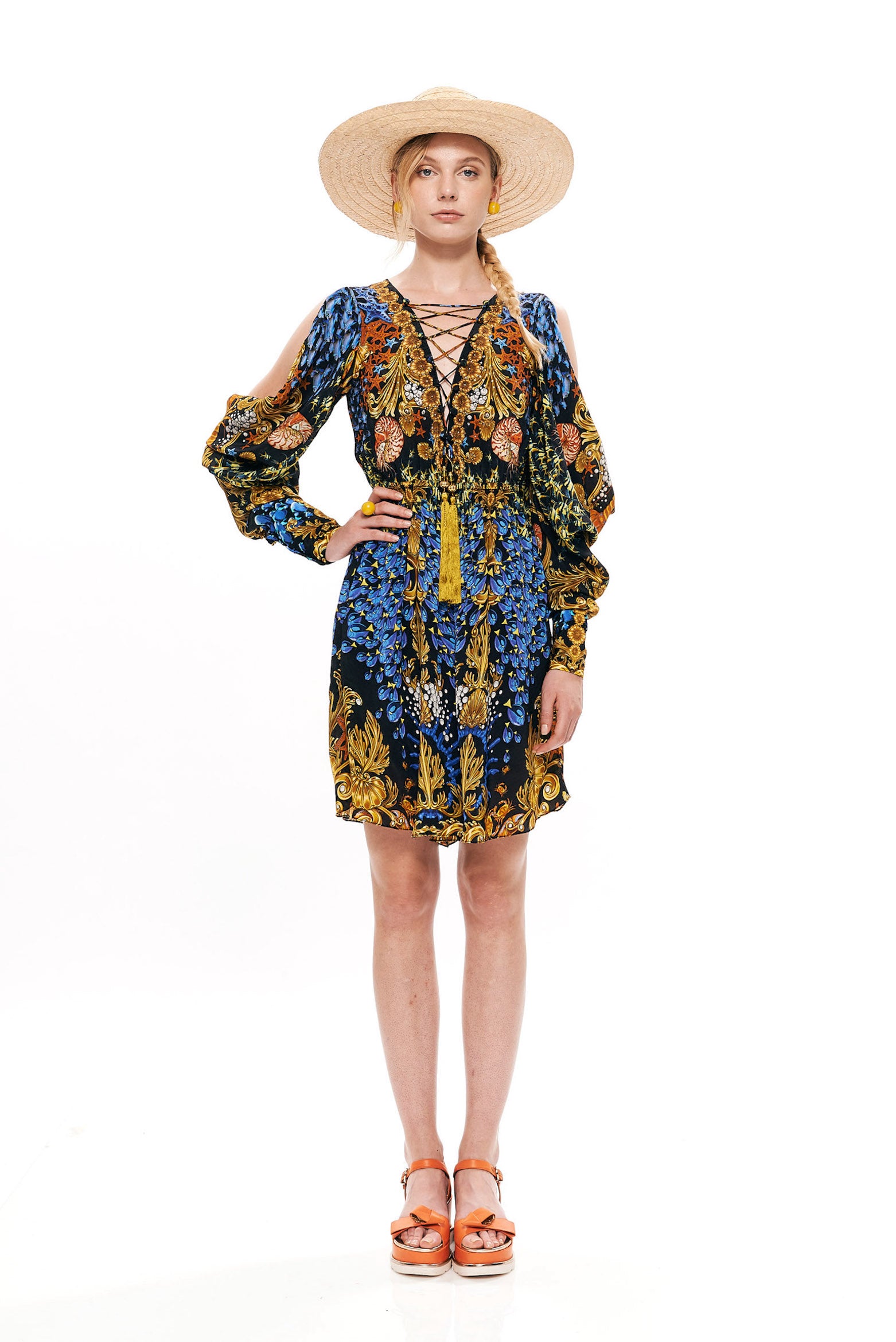 Lacing short jumpsuit in 40% Silk and 60% Viscose with "Mare Tesor Notte" print.