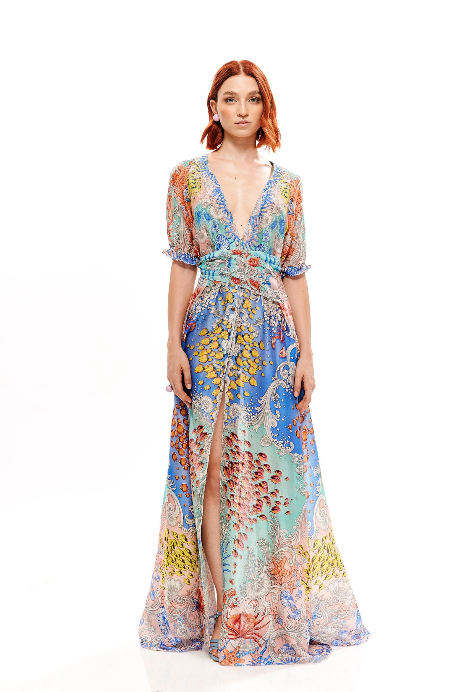 Bow draped long dress in 70% Viscose and 30% Silk with "Mare Tesor Alba" print.