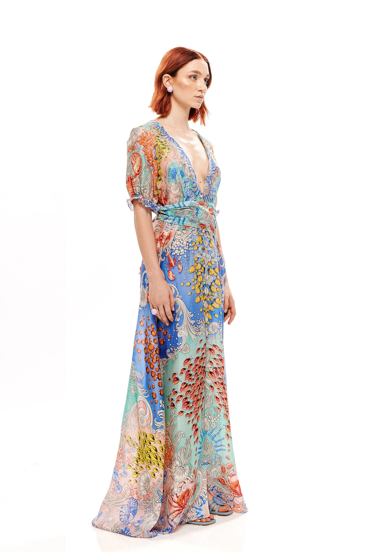 Bow draped long dress in 70% Viscose and 30% Silk with "Mare Tesor Alba" print.