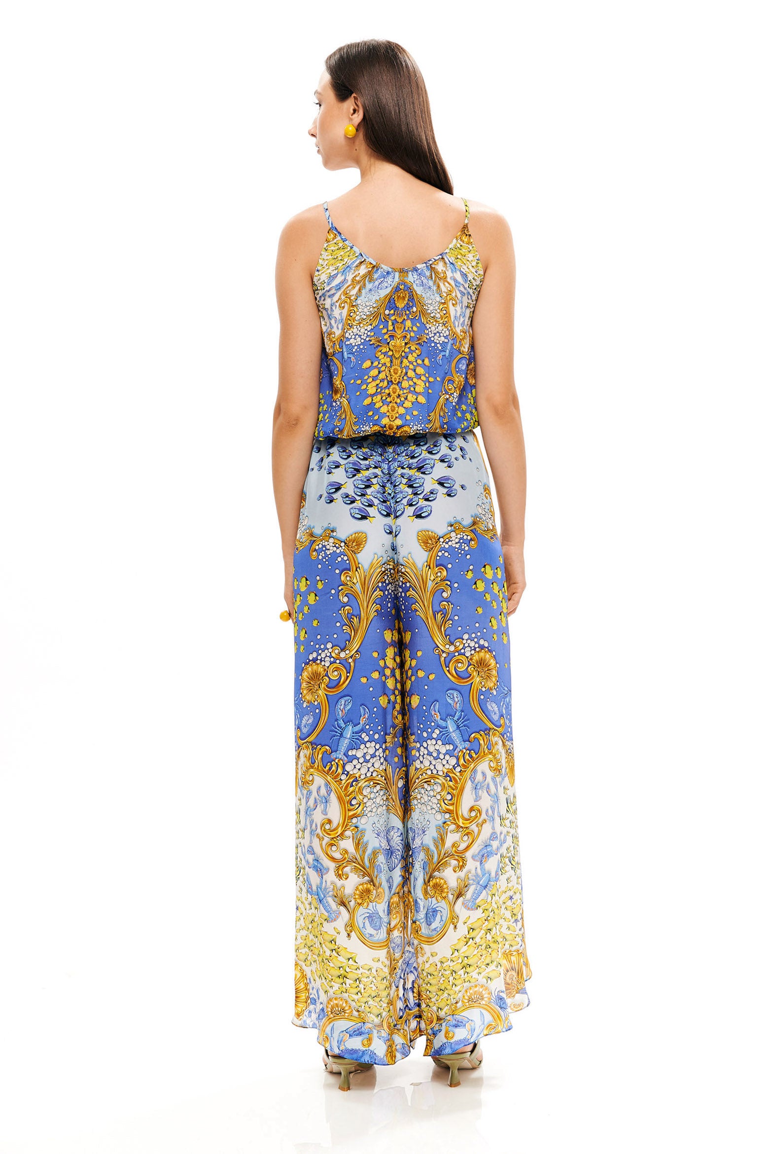 Long wrap-around jumpsuit in Natural Crepe with "Mare Tesor Giorno" print.