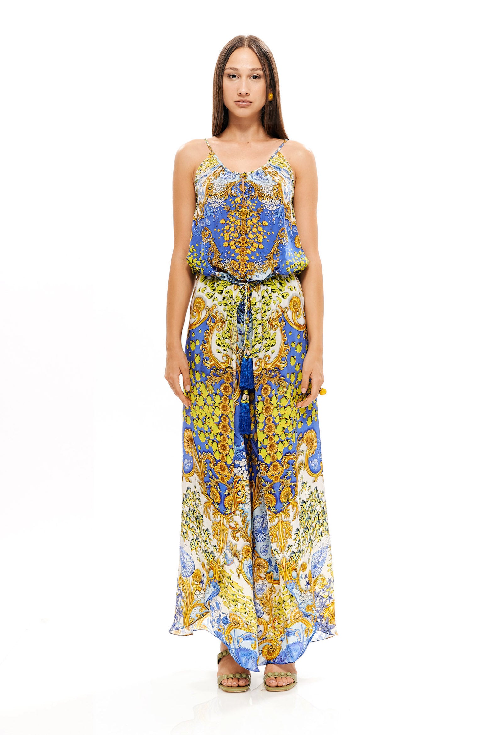 Long wrap-around jumpsuit in Natural Crepe with "Mare Tesor Giorno" print.