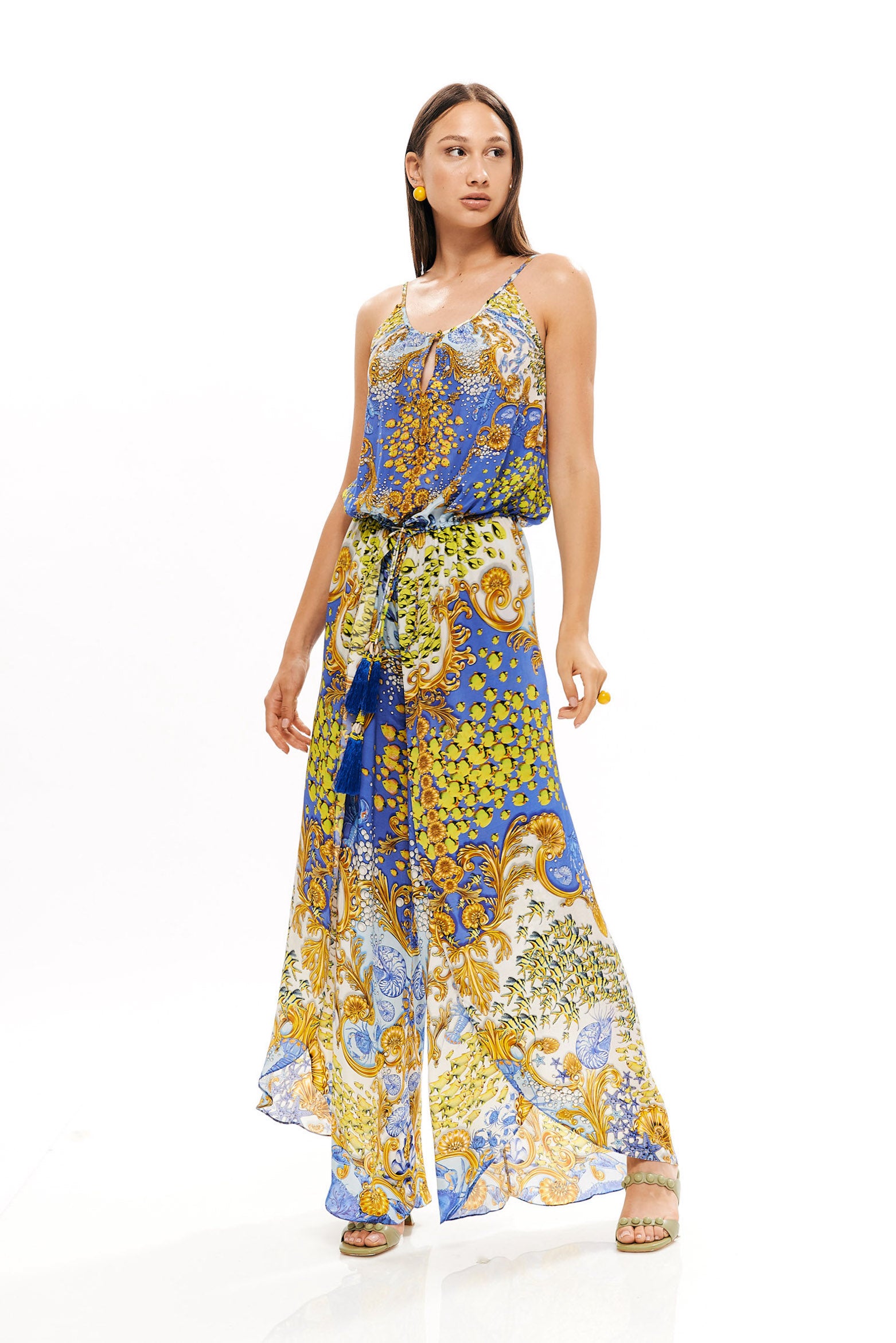 Long wrap-around jumpsuit in Natural Crepe with "Mare Tesor Giorno" print.