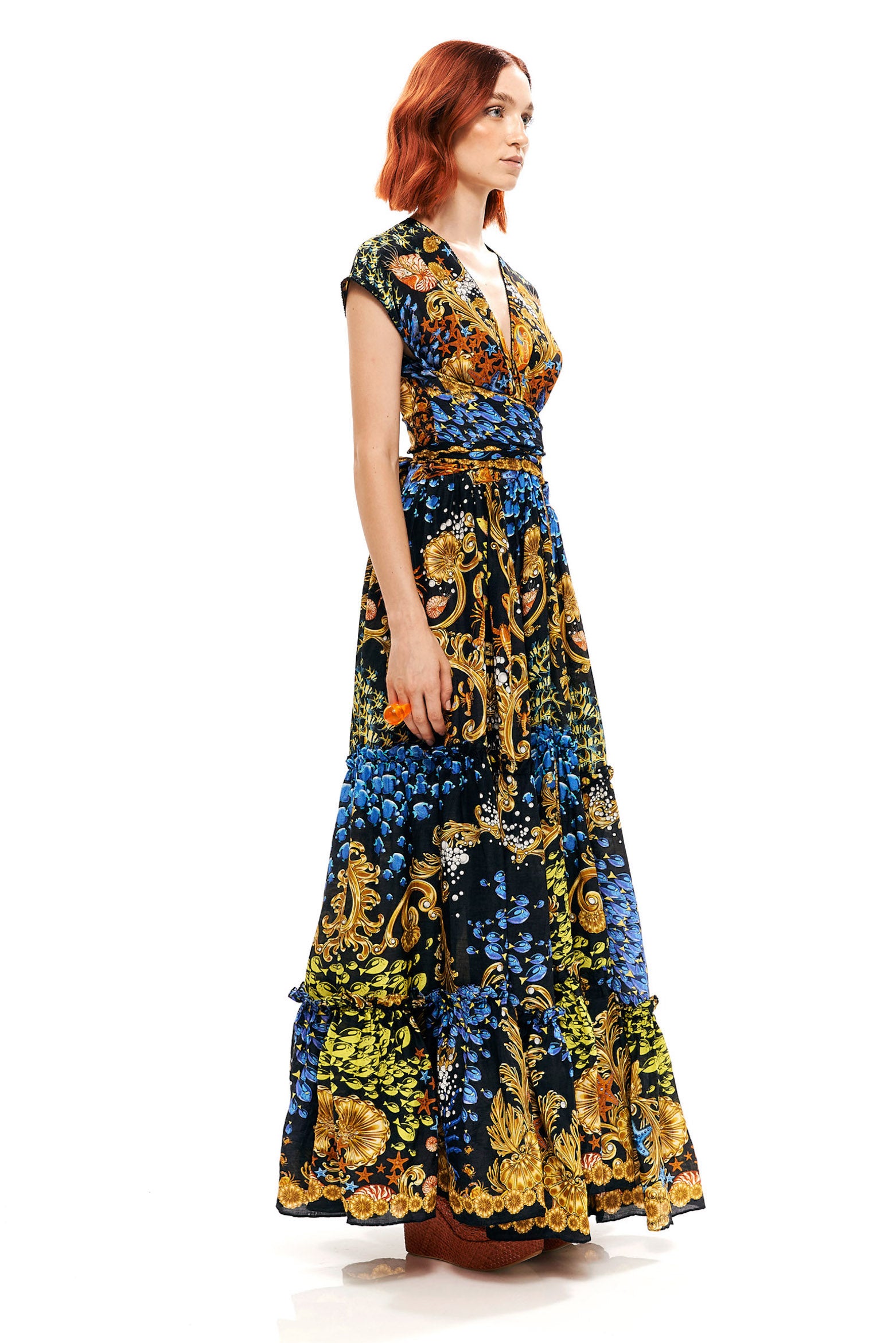 Bow draped dress with ruffles in 15% Linen and 85% Viscose with "Mare Tesor Notte" print.