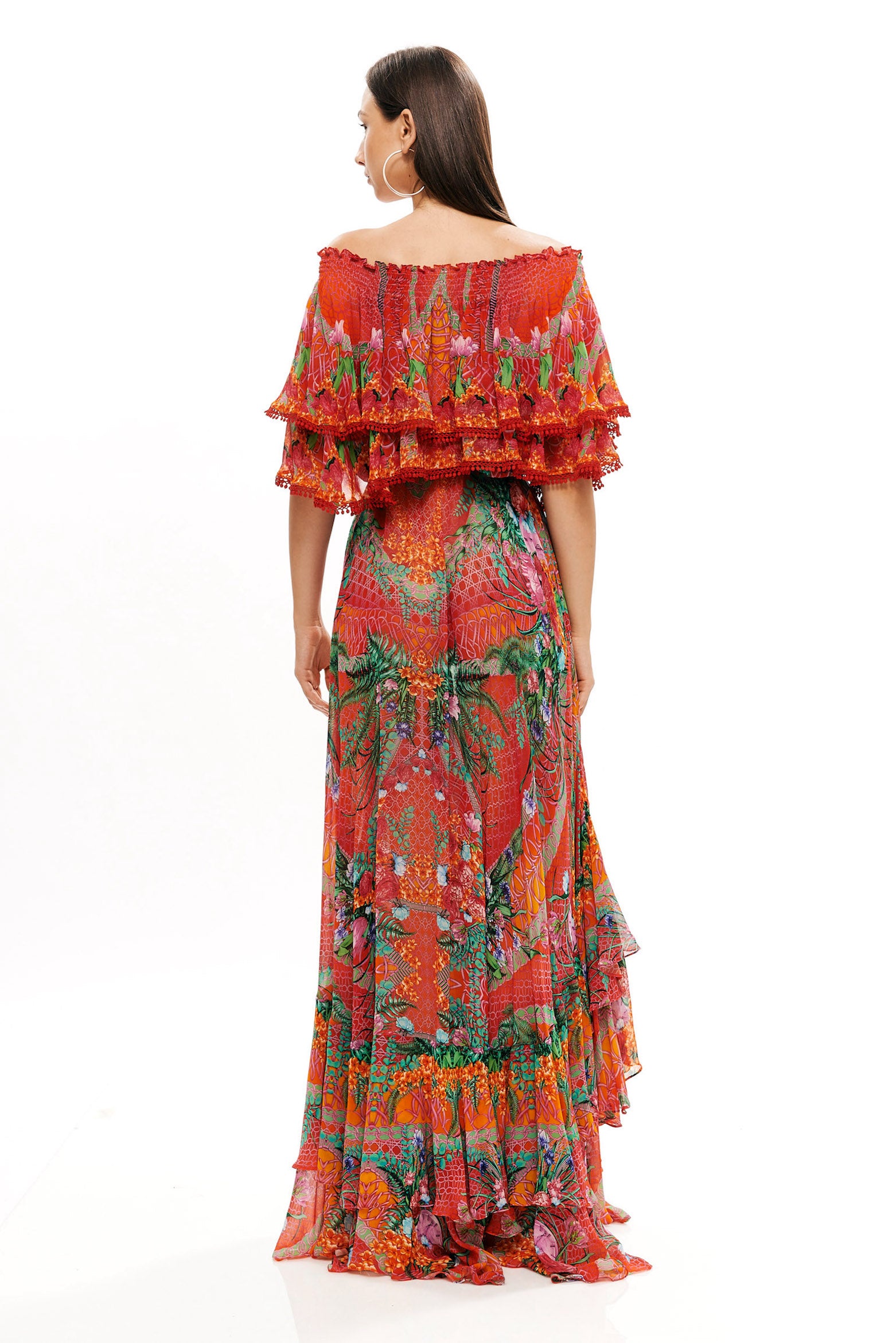 Crop top ruffle dress in 100% Viscose with "Alice Garden Neon Sunset" print.