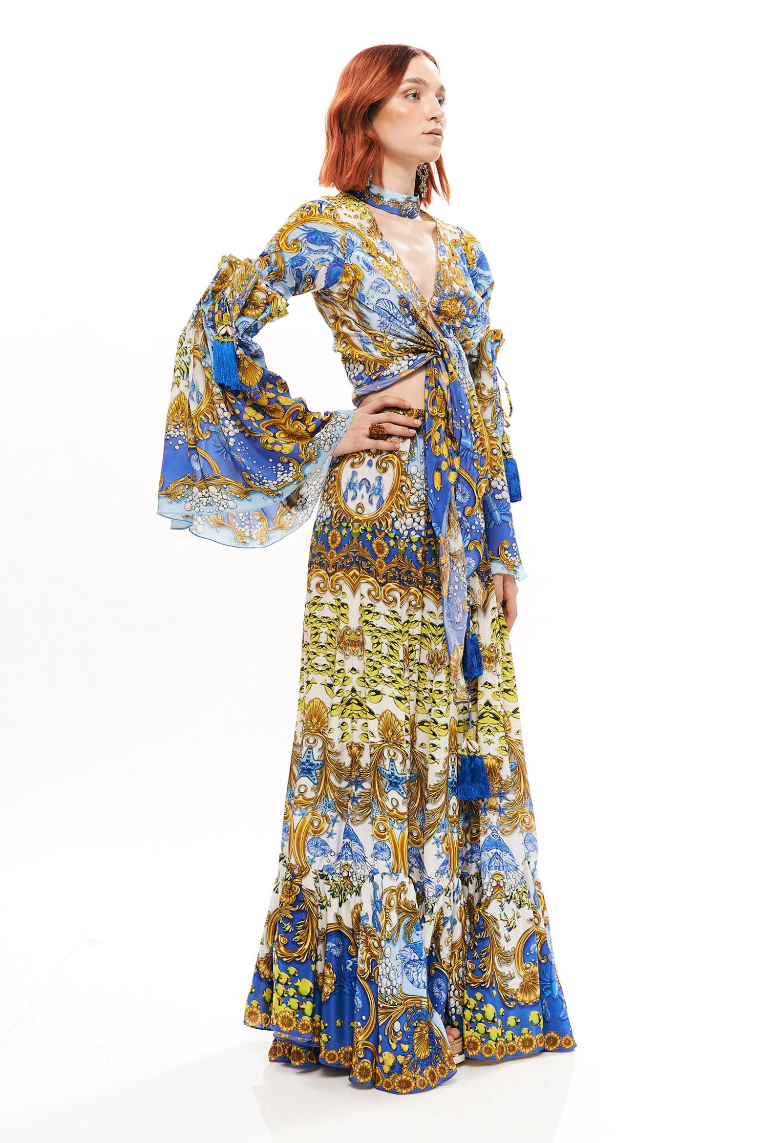 Crop top with pleated arms in 40% Silk and 60% Viscose with "Mare Tesor Giorno" print.