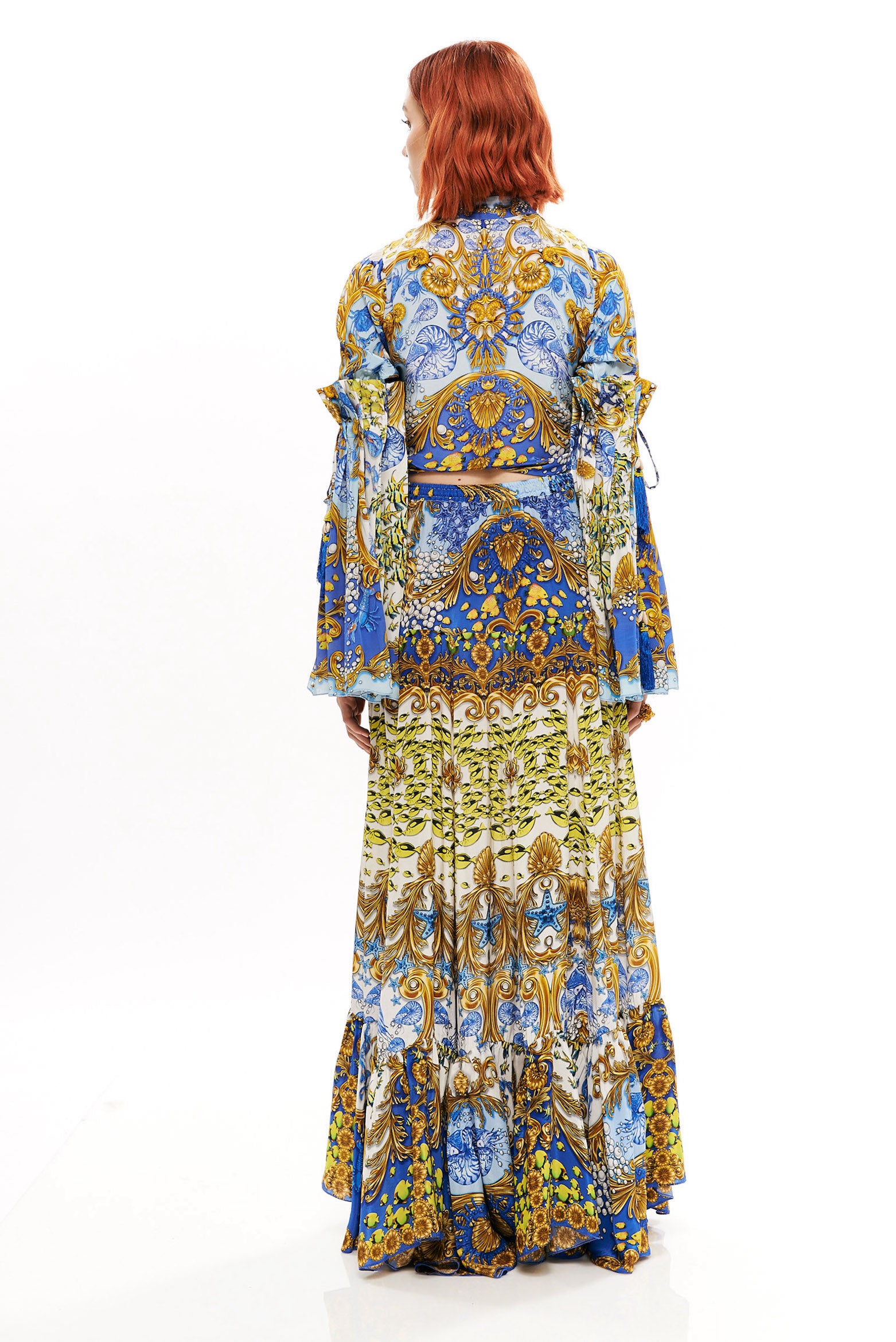 Crop top with pleated arms in 40% Silk and 60% Viscose with "Mare Tesor Giorno" print.