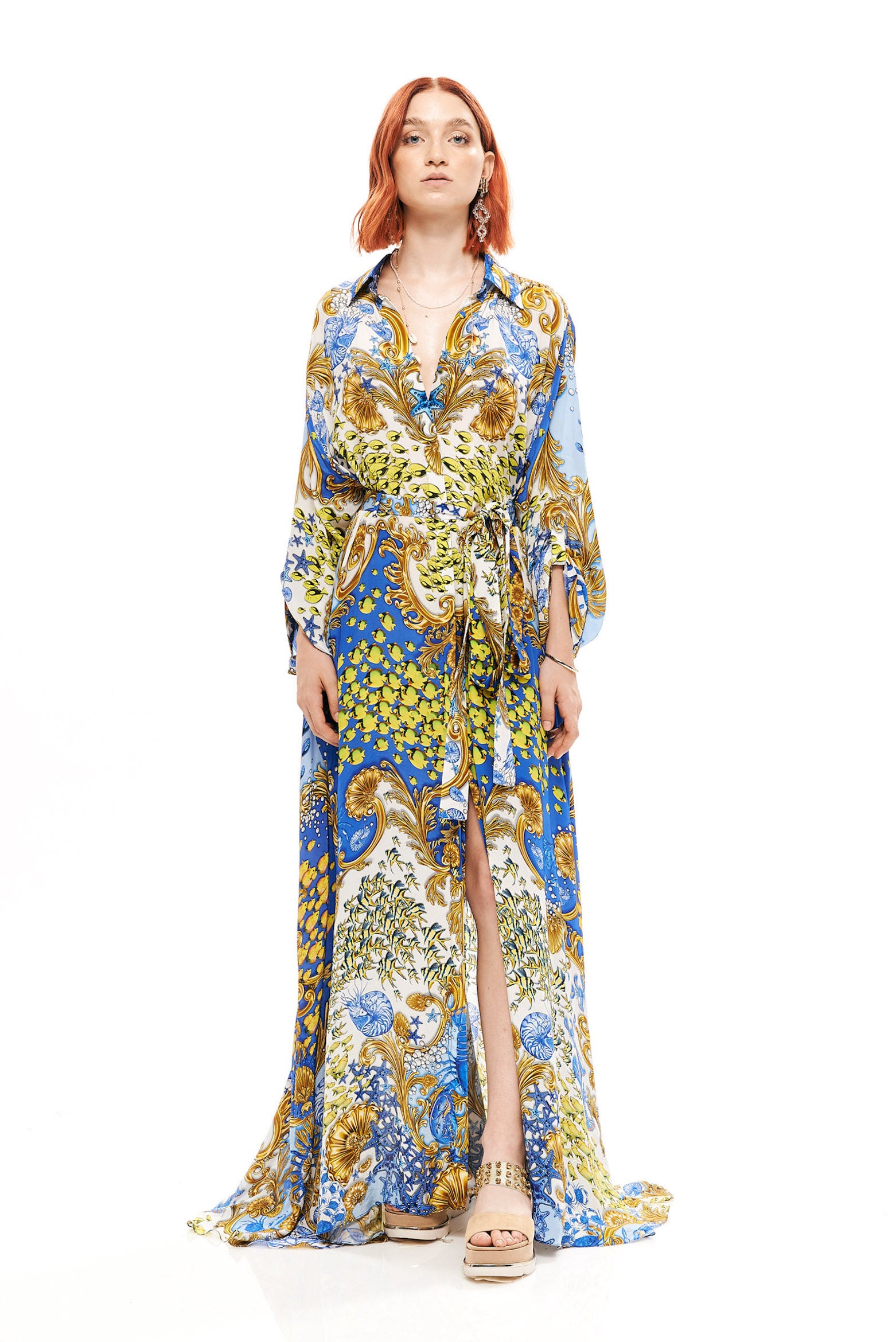 Button-up volume chemisier in 40% Silk and 60% Viscose with "Mare Tesor Giorno" print.