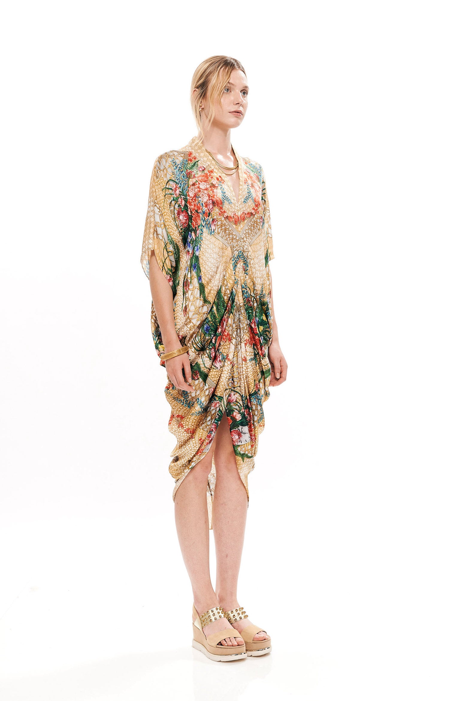 Front pleat kaftan in Silk Viscose with "Alice Garden Natural Sand" print.