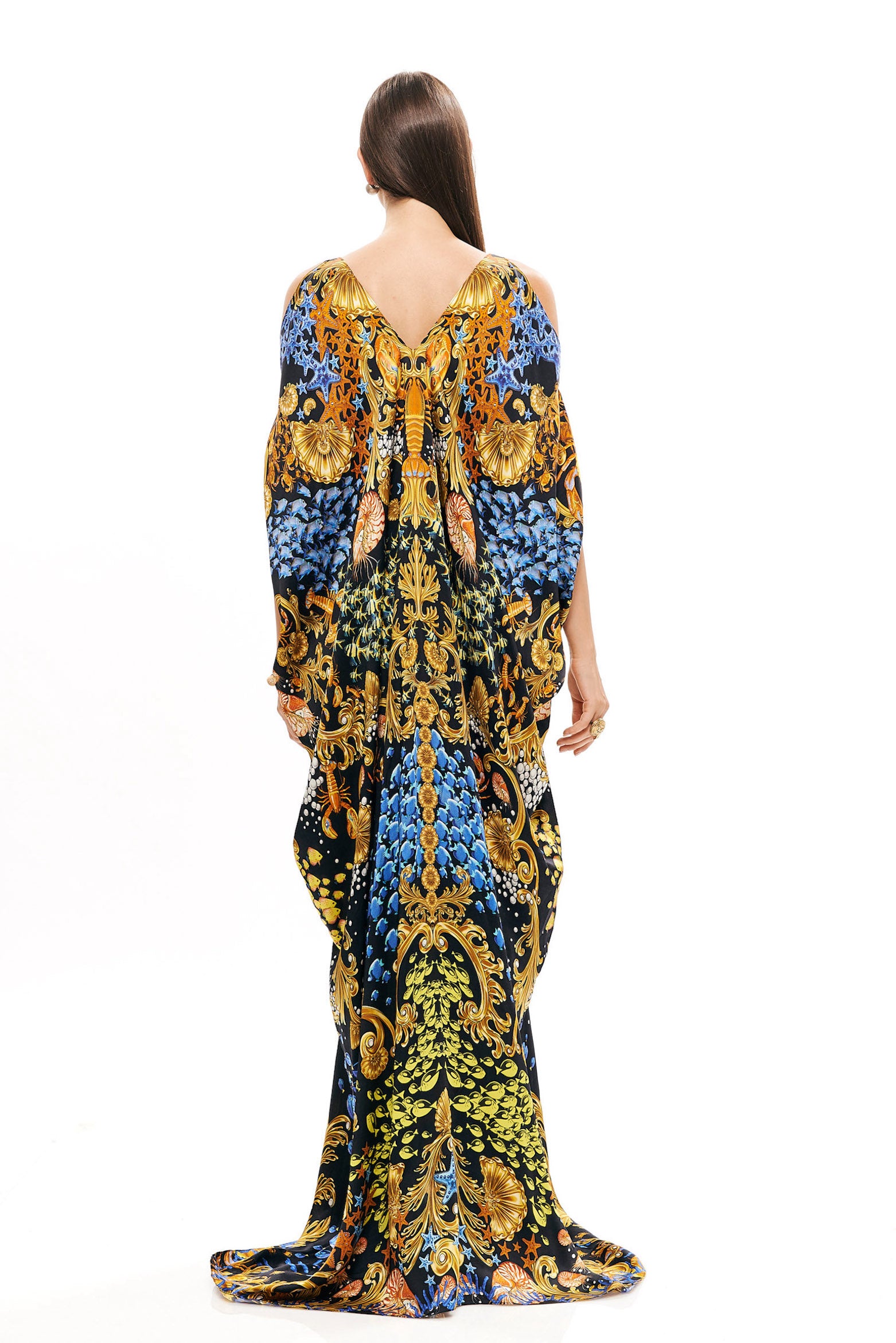 Square long kaftan in 40% Silk and 60% Viscose with "Mare Tesor Notte" print.