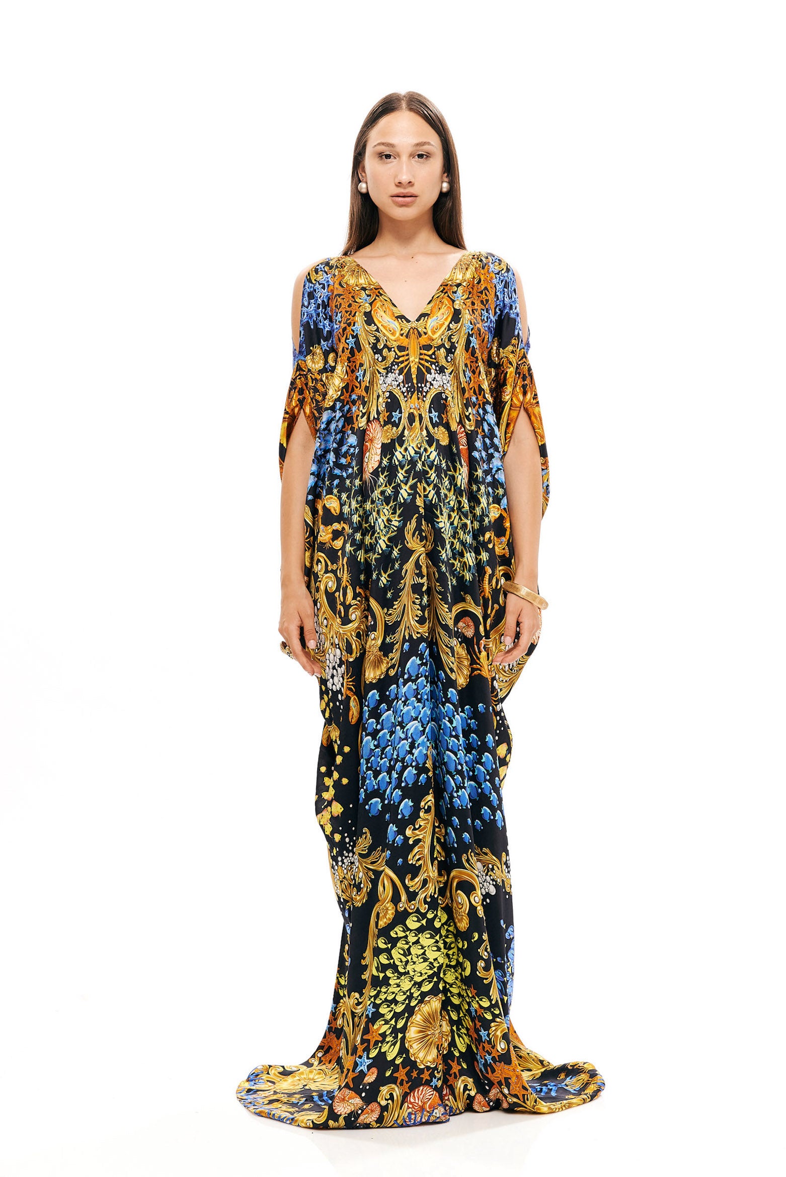 Square long kaftan in 40% Silk and 60% Viscose with "Mare Tesor Notte" print.