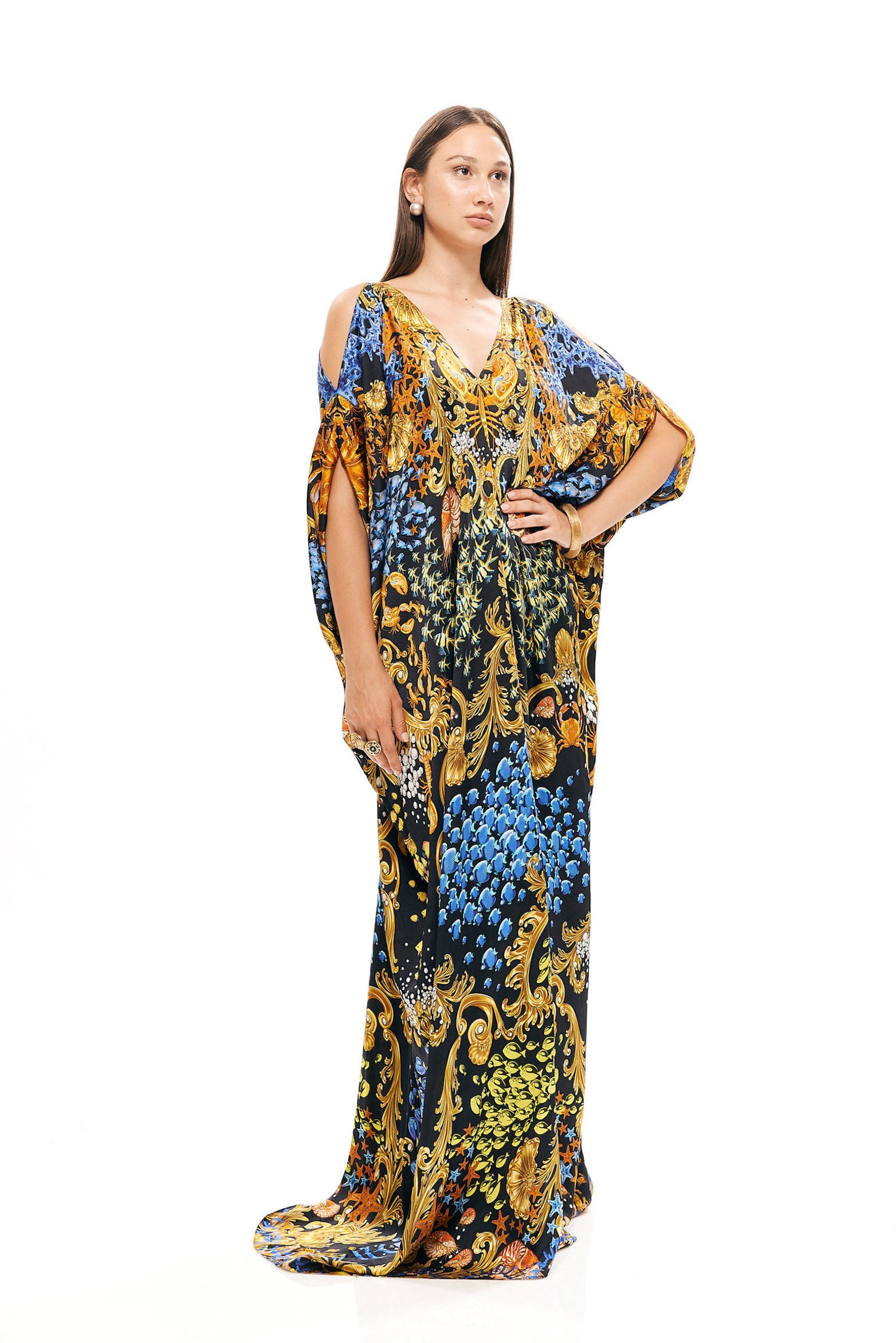 Square long kaftan in 40% Silk and 60% Viscose with "Mare Tesor Notte" print.