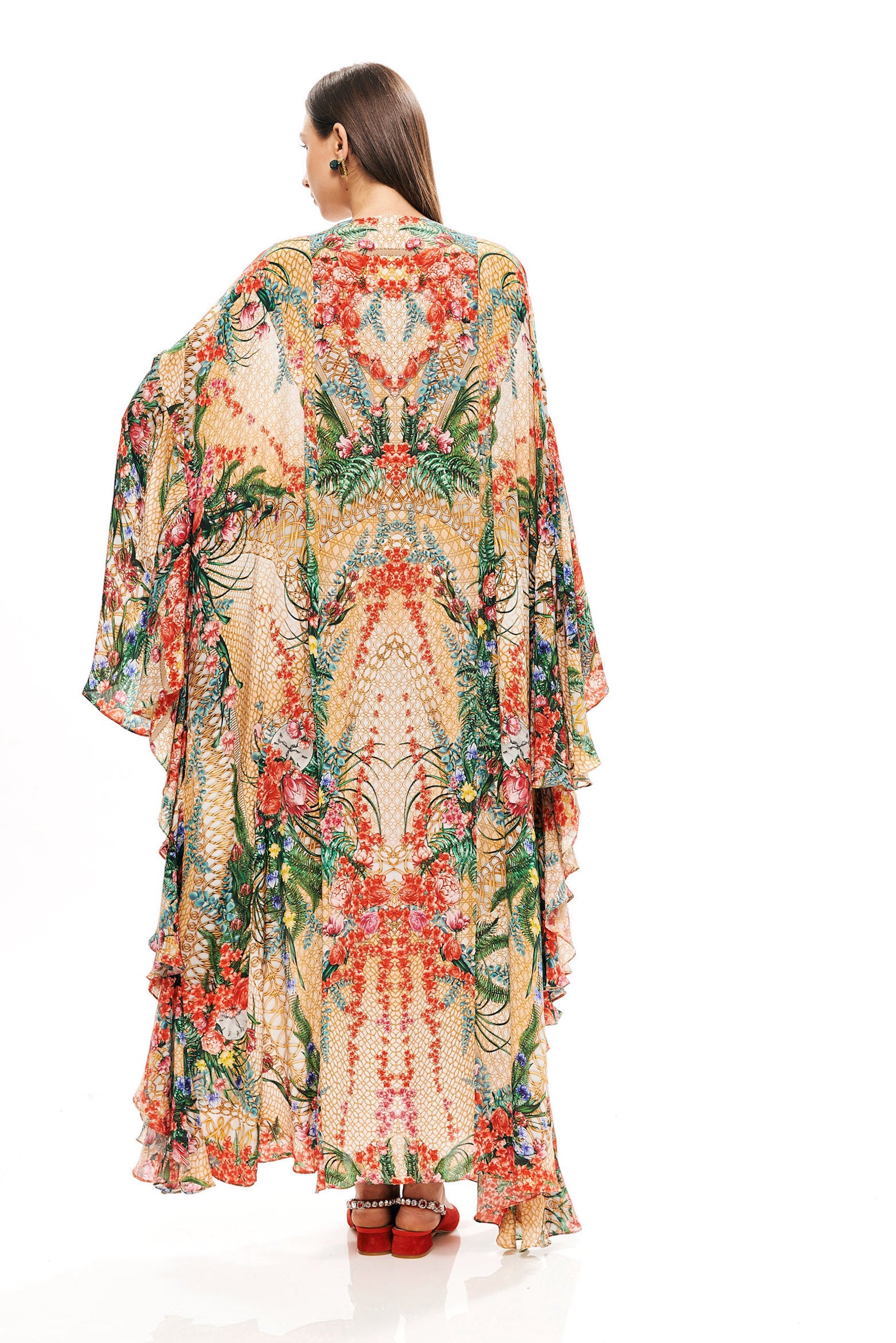 Ruffled long kaftan in 40% Silk and 60% Viscose with "Alice Garden Natural Sand" print