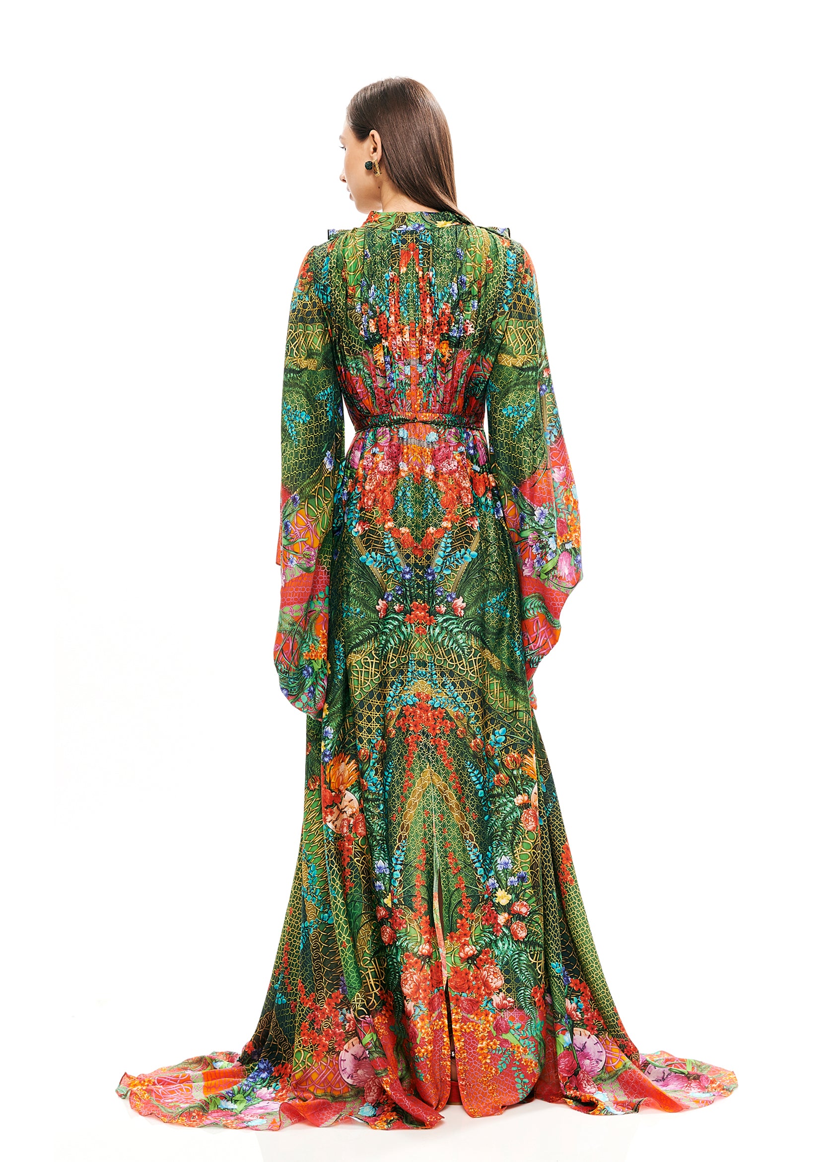 V-shape ruffle long dress with kimono arms in 75% Viscose and 25% Silk, featuring "Alice Garden Jungle" and "Alice Garden Neon Sunset" prints.