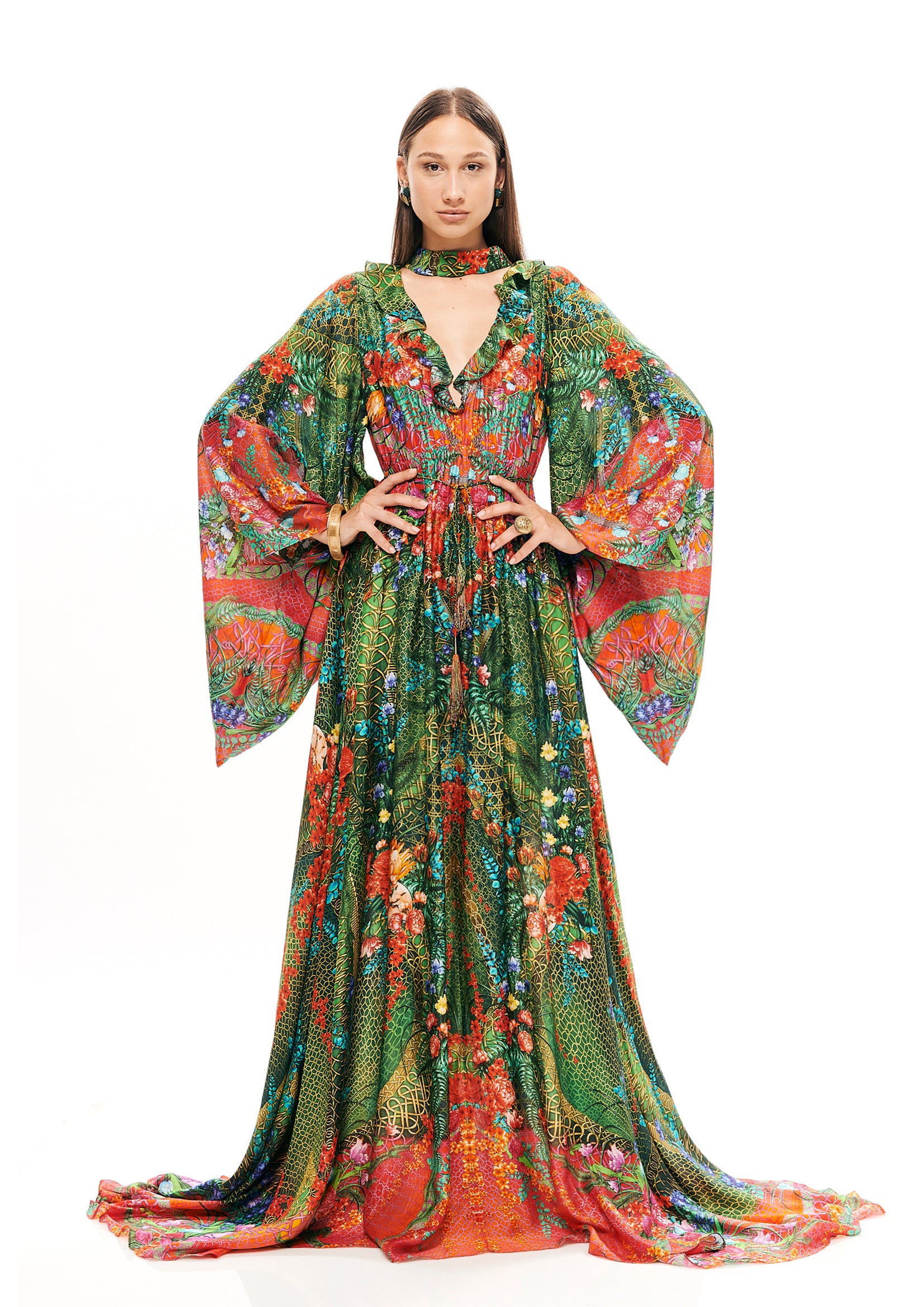 V-shape ruffle long dress with kimono arms in 75% Viscose and 25% Silk, featuring "Alice Garden Jungle" and "Alice Garden Neon Sunset" prints.