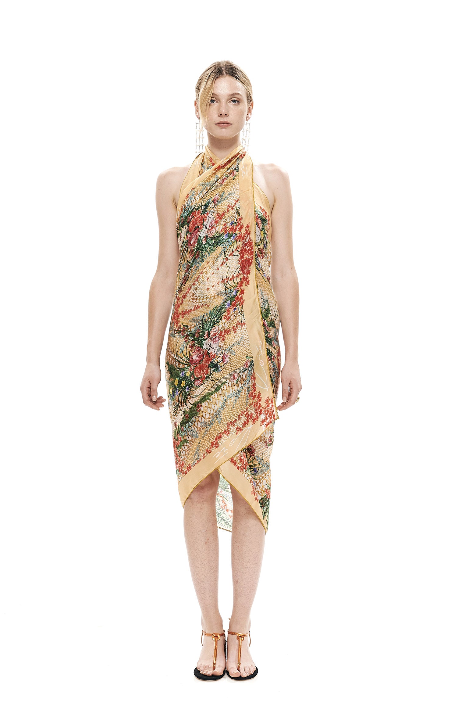 KR22 scarf in 100% Fine Satin with "Alice Garden Natural Sand" print.