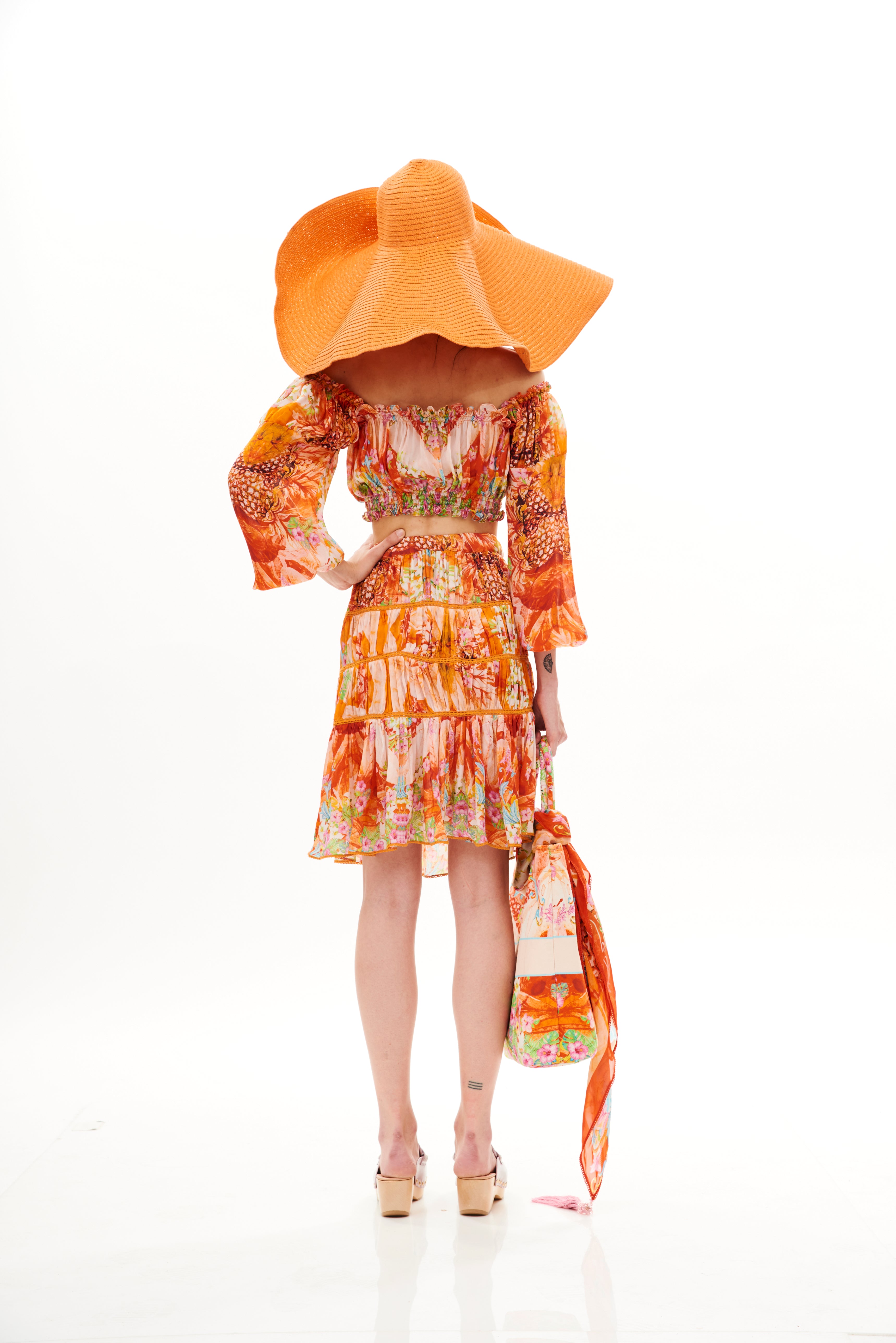 Full Sleeves Ruffle Crop Top Tropical Breeze Sunrise in crepe satin