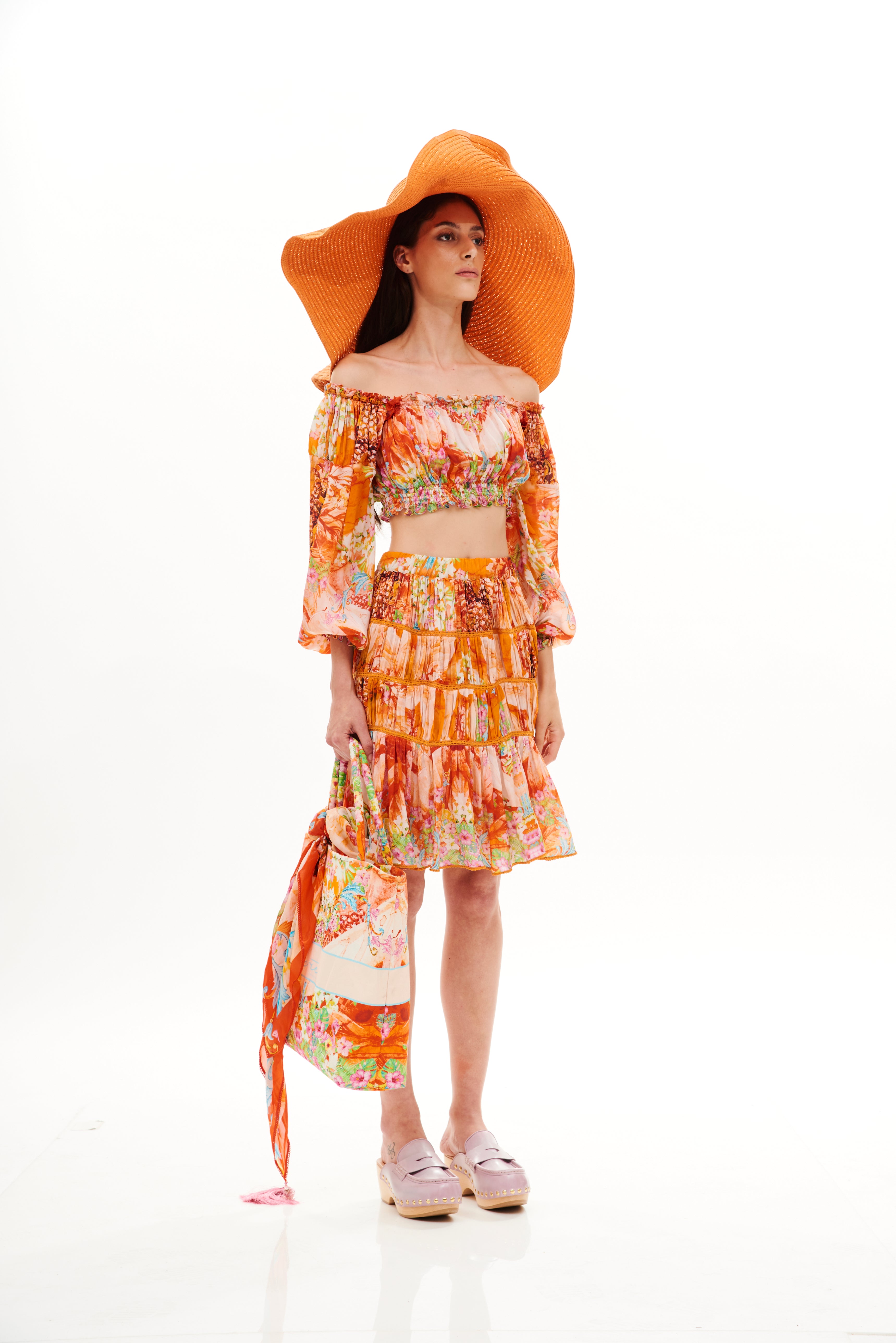 Full Sleeves Ruffle Crop Top Tropical Breeze Sunrise in crepe satin