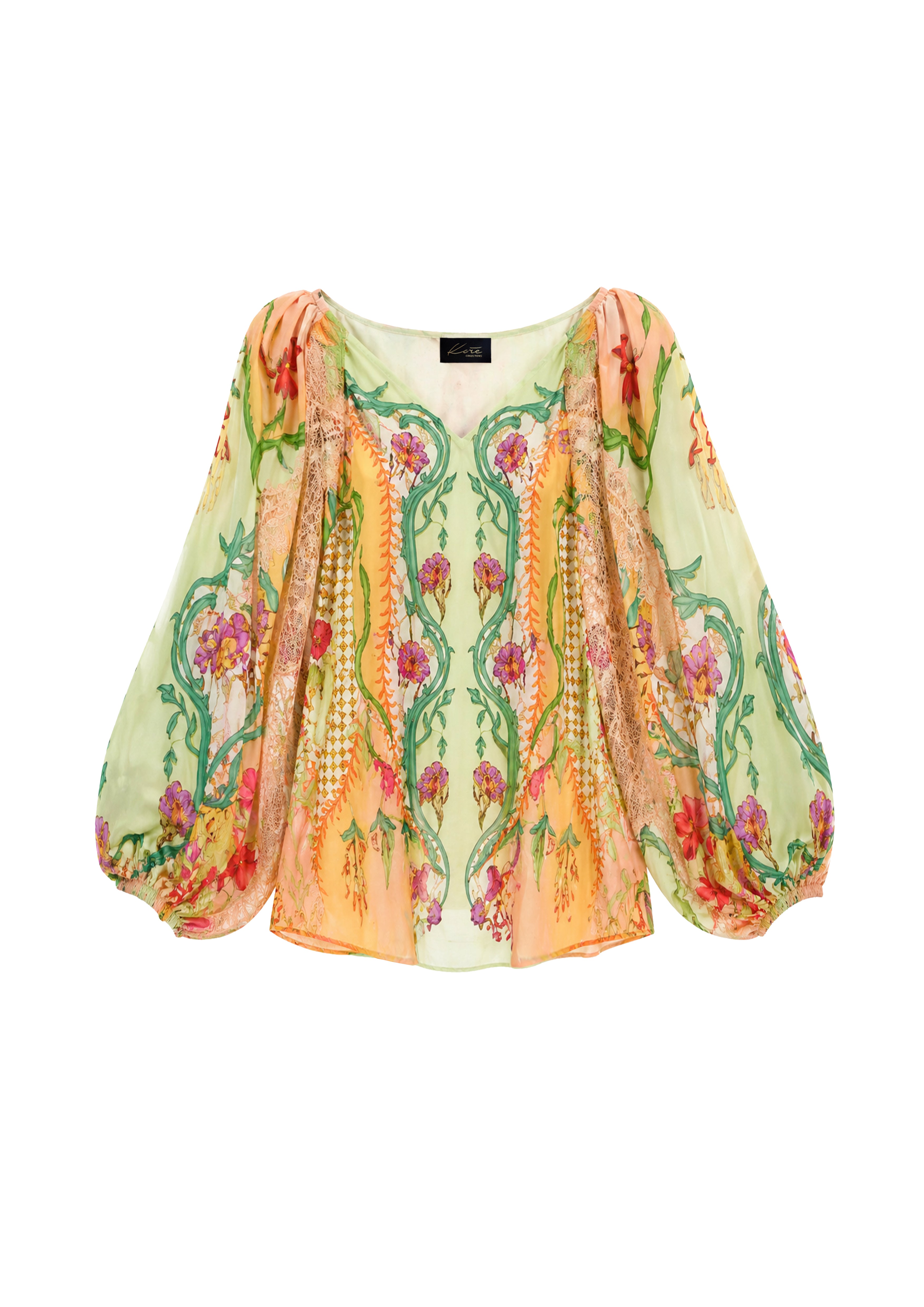 Lily Balloon-Sleeve Blouse Blooming Day in Crepe & Chantilly Lace

