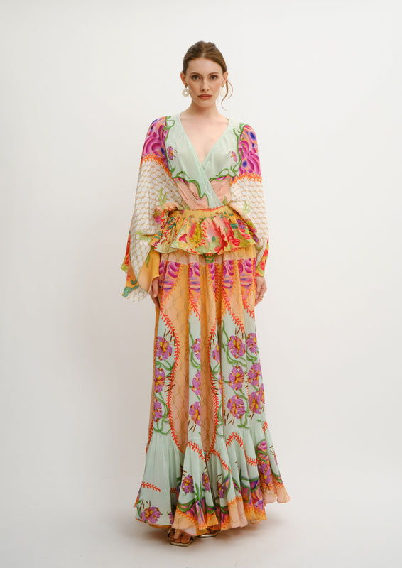Draped Top with Elastic Belt Blooming Day in Natural Crepe

