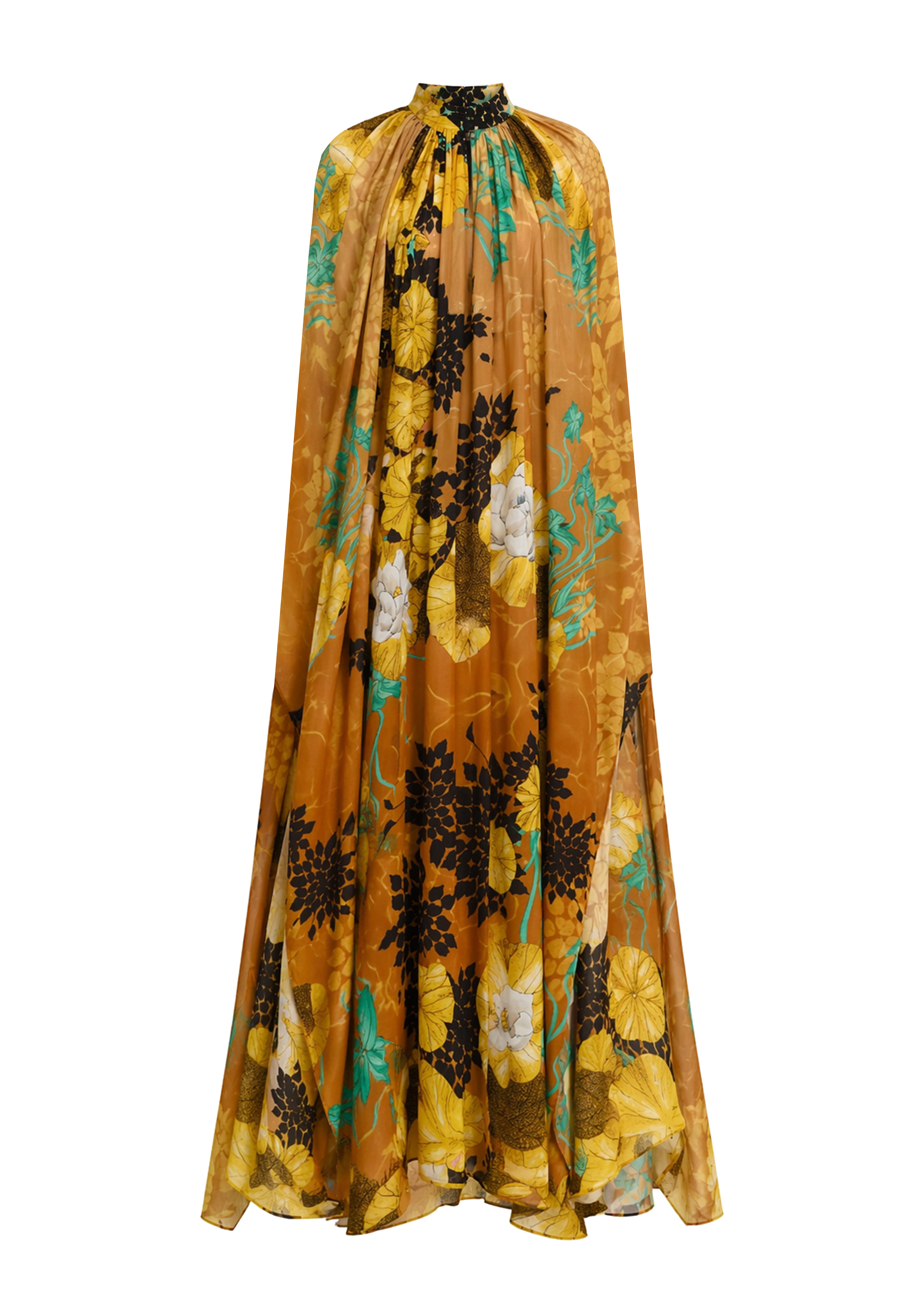 HIGH COLLAR MAXI DRESS WITH WATERFALL SLEEVES