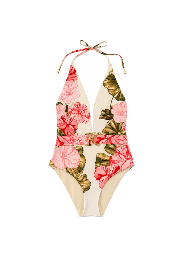 V-NECK ONE-PIECE SWIMSUIT WITH BUCKLE