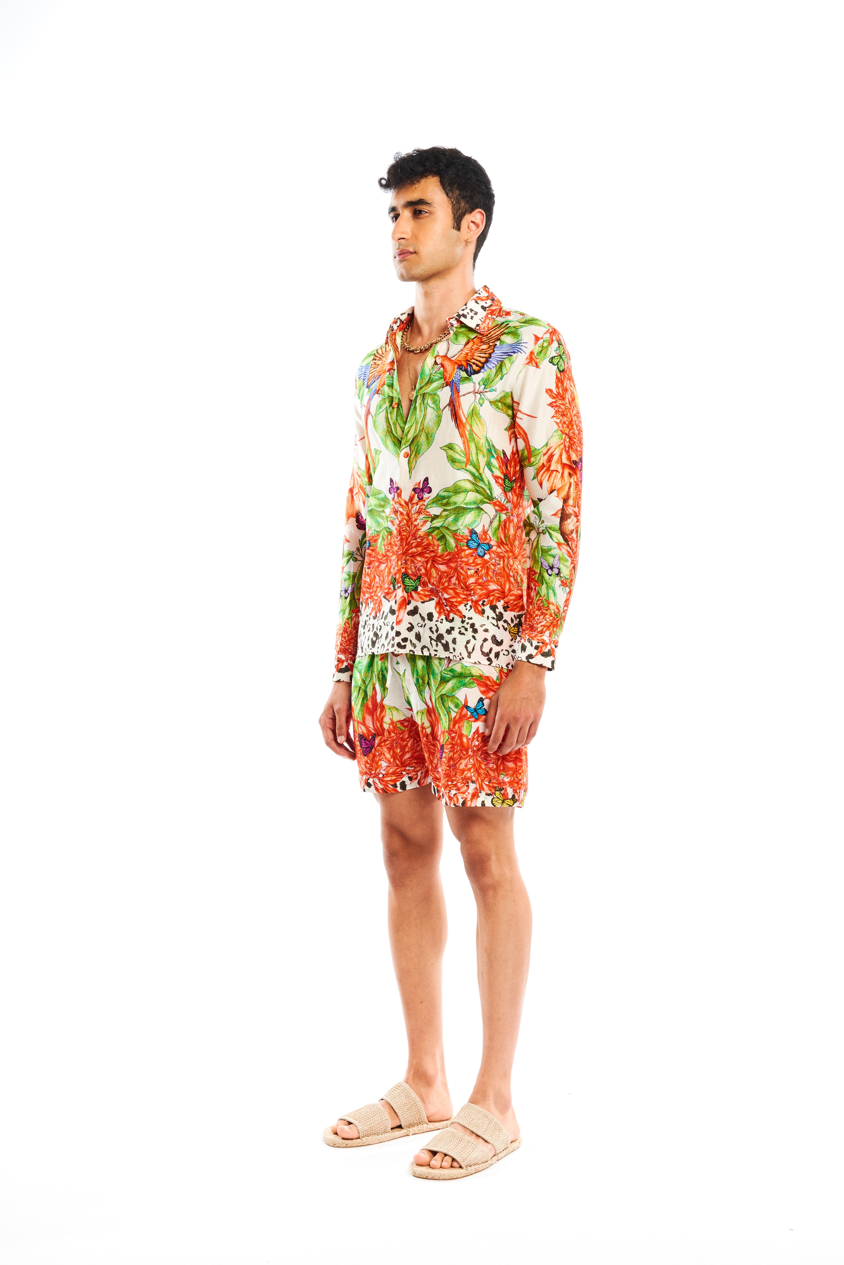 Lounge shorts in Jungle Sunset print, linen satin