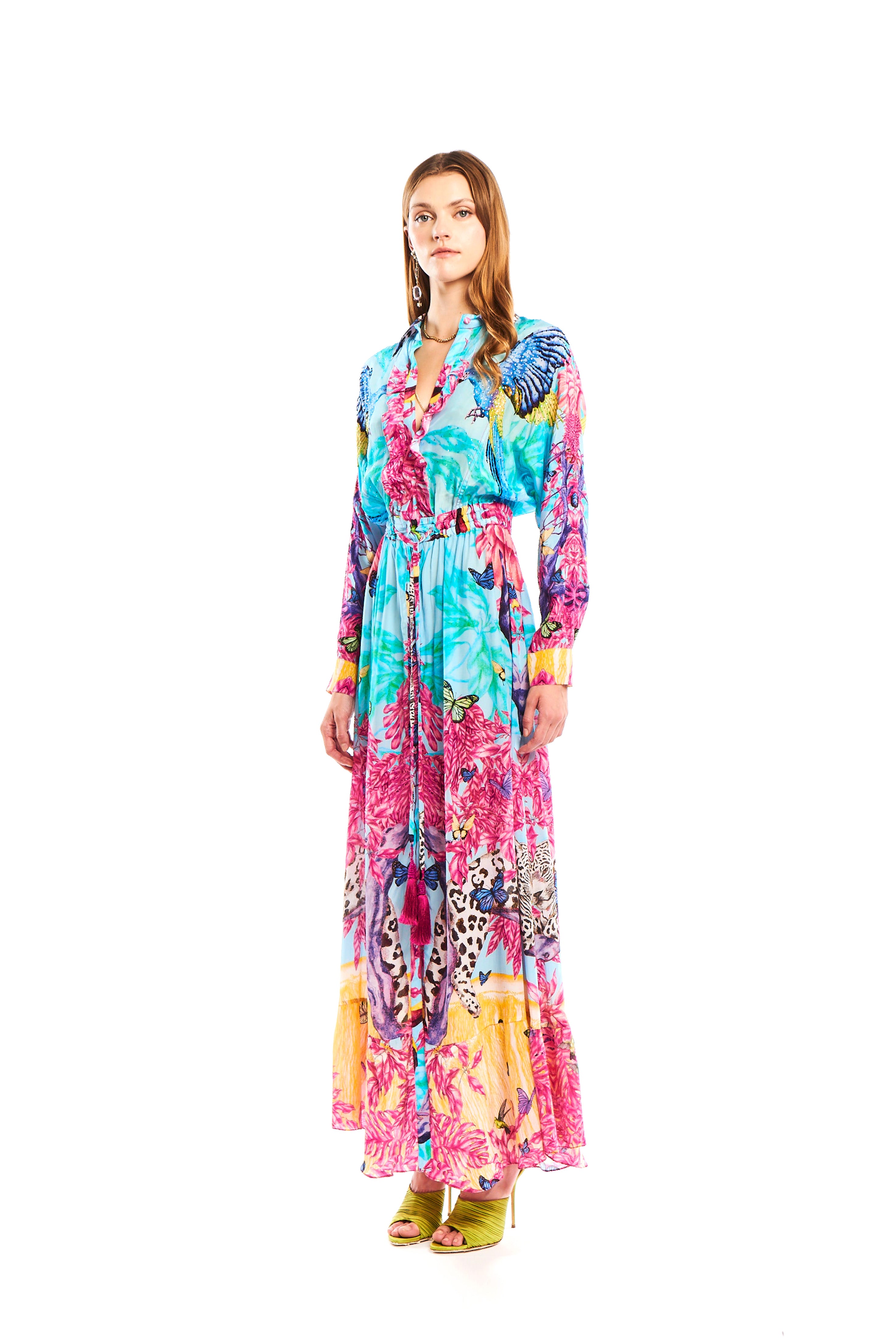 Long Sleeves Chemisier with Ruffle Jungle Pop in natural crepe