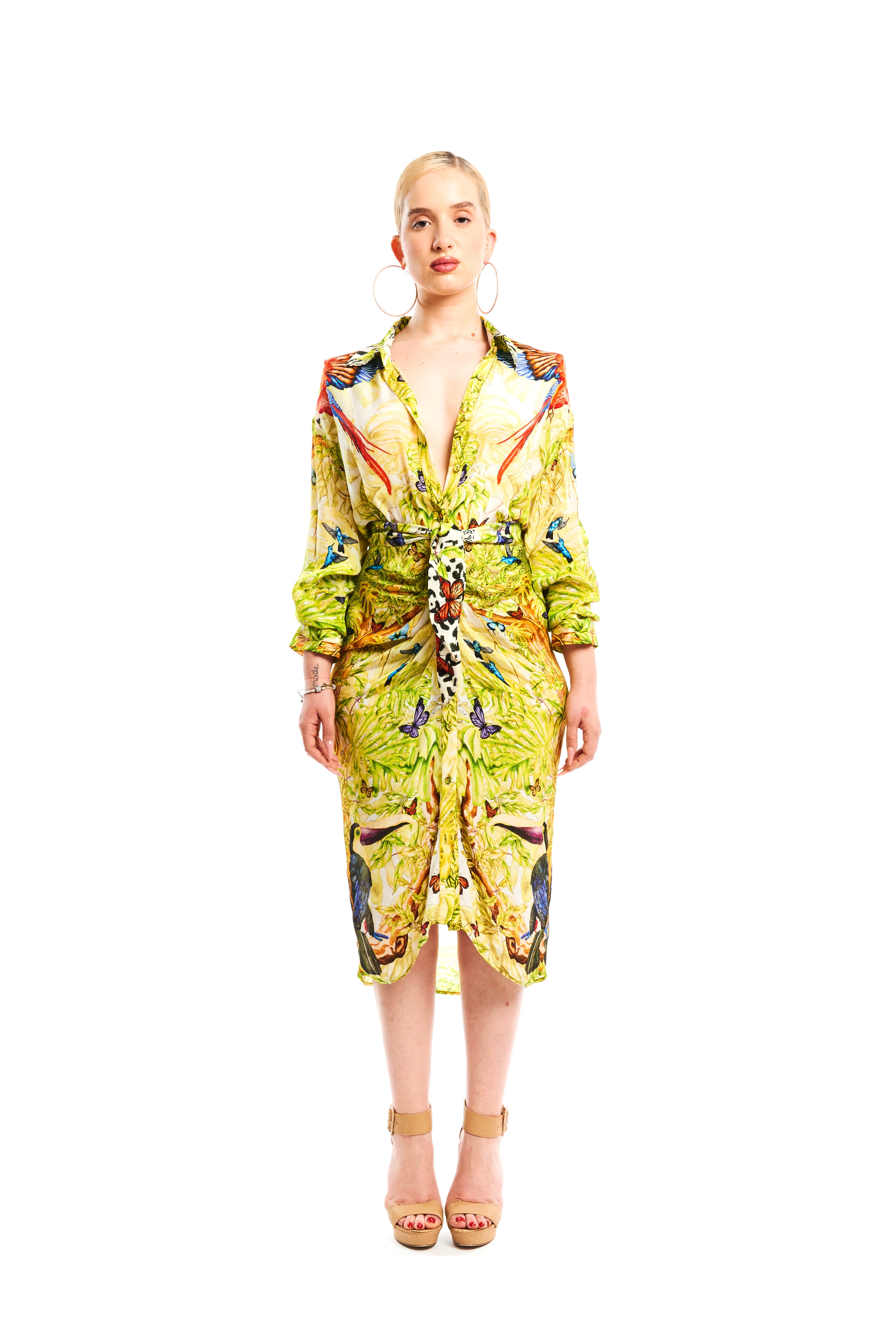 Knot Pleated Midi Chemise Jungle Day in natural crepe