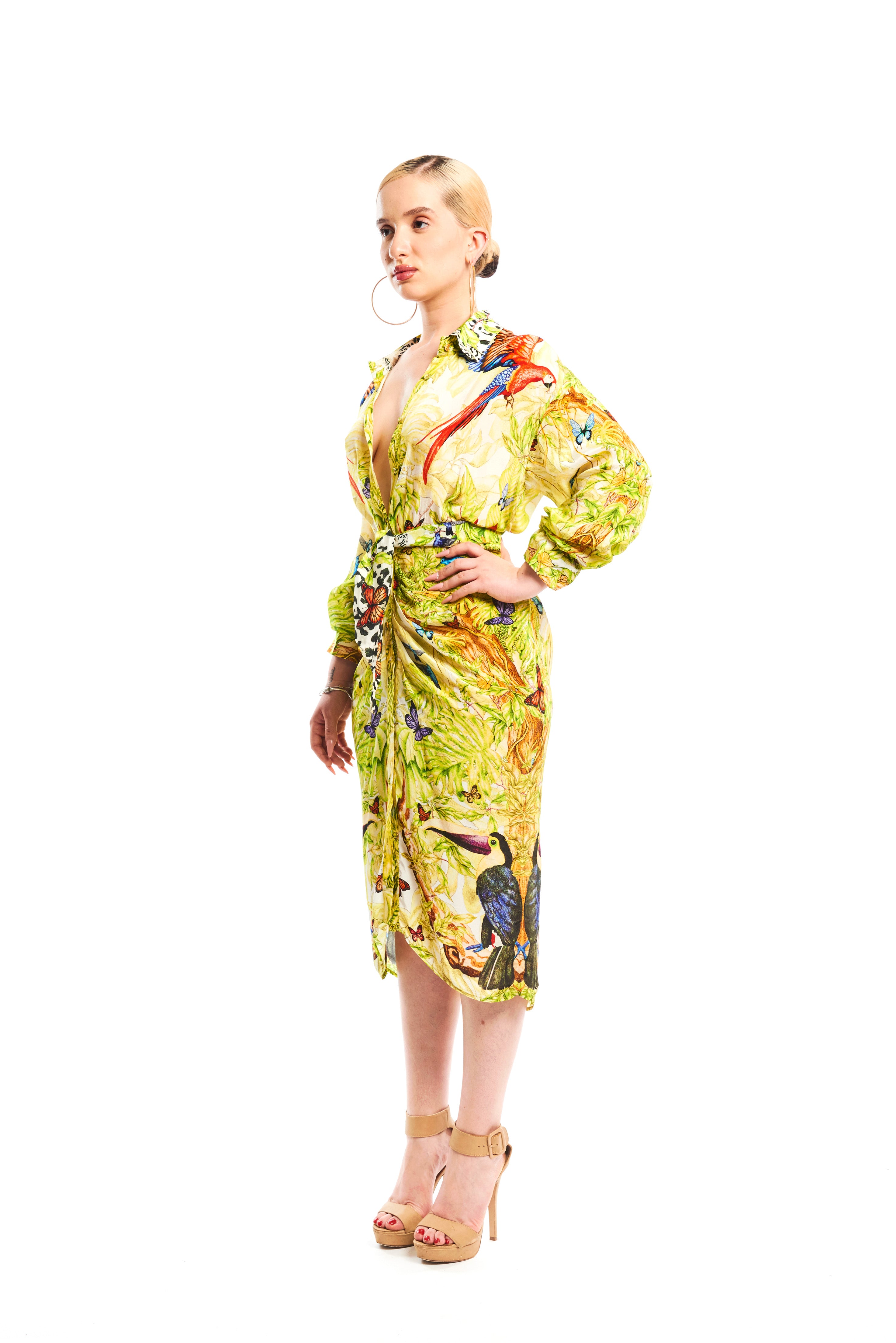 Knot Pleated Midi Chemise Jungle Day in natural crepe