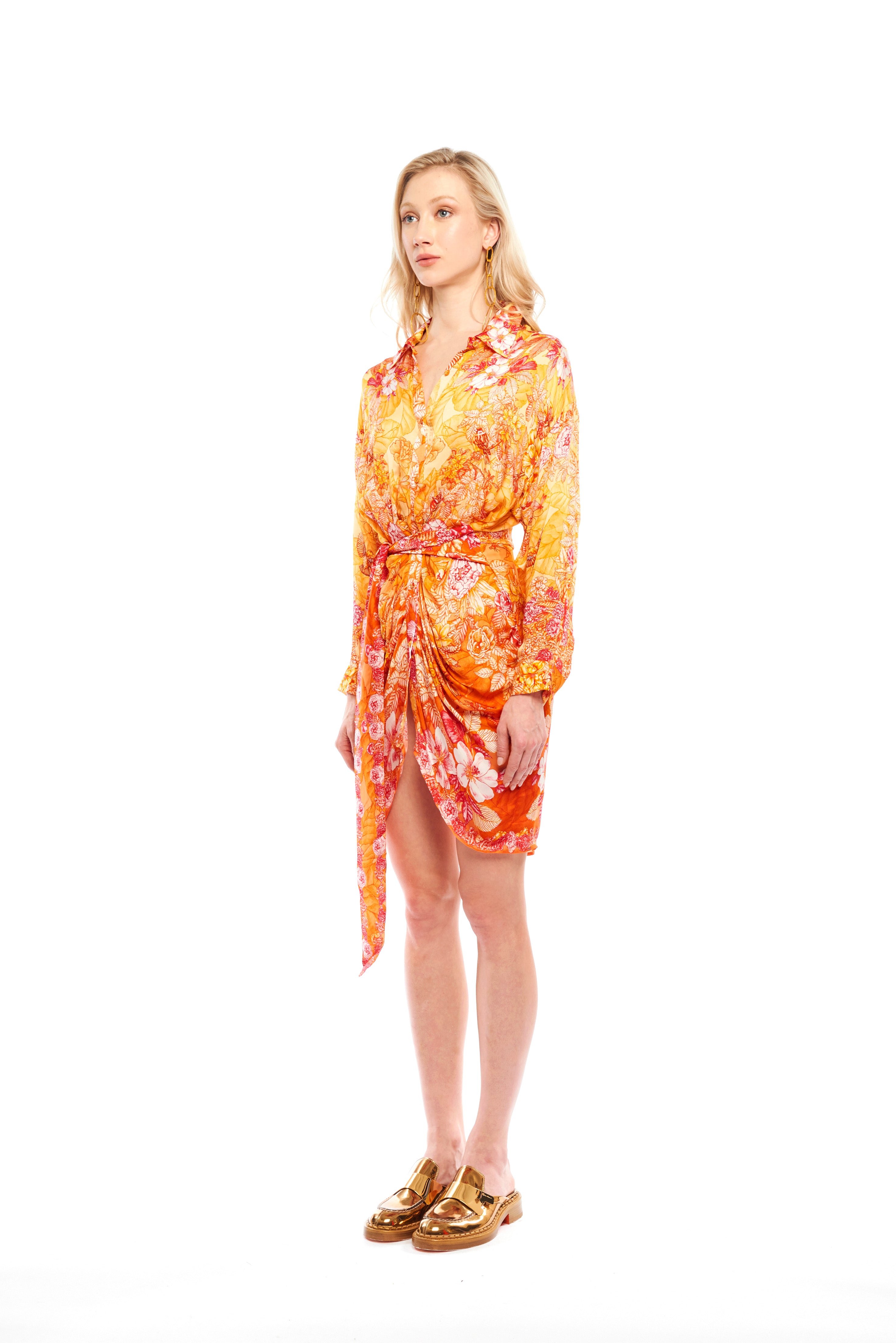 Knot Pleated Midi Chemise Garden Orange in cherry satin