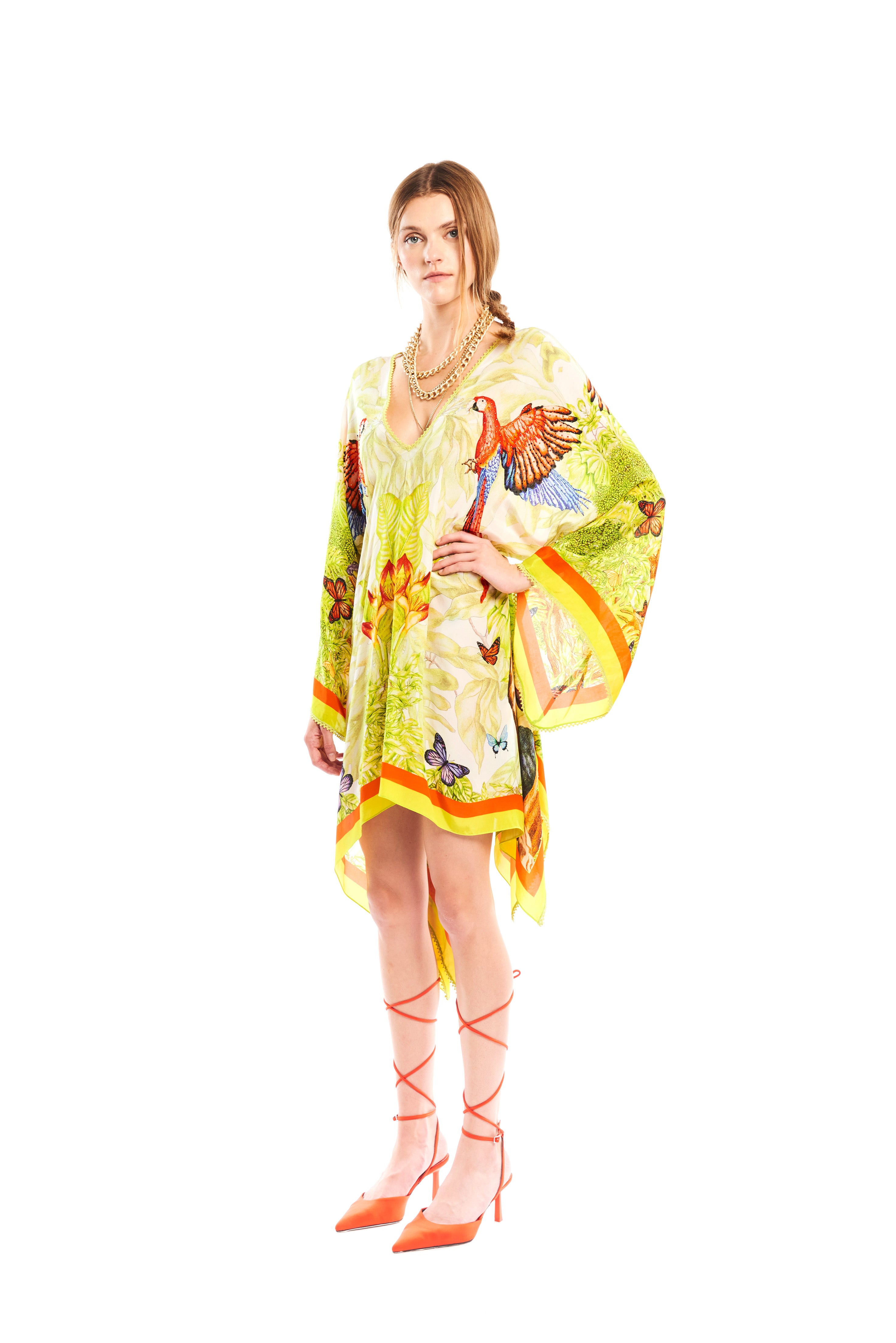 Kimono Asymmetric Mini Kaftan Jungle Day in natural crepe