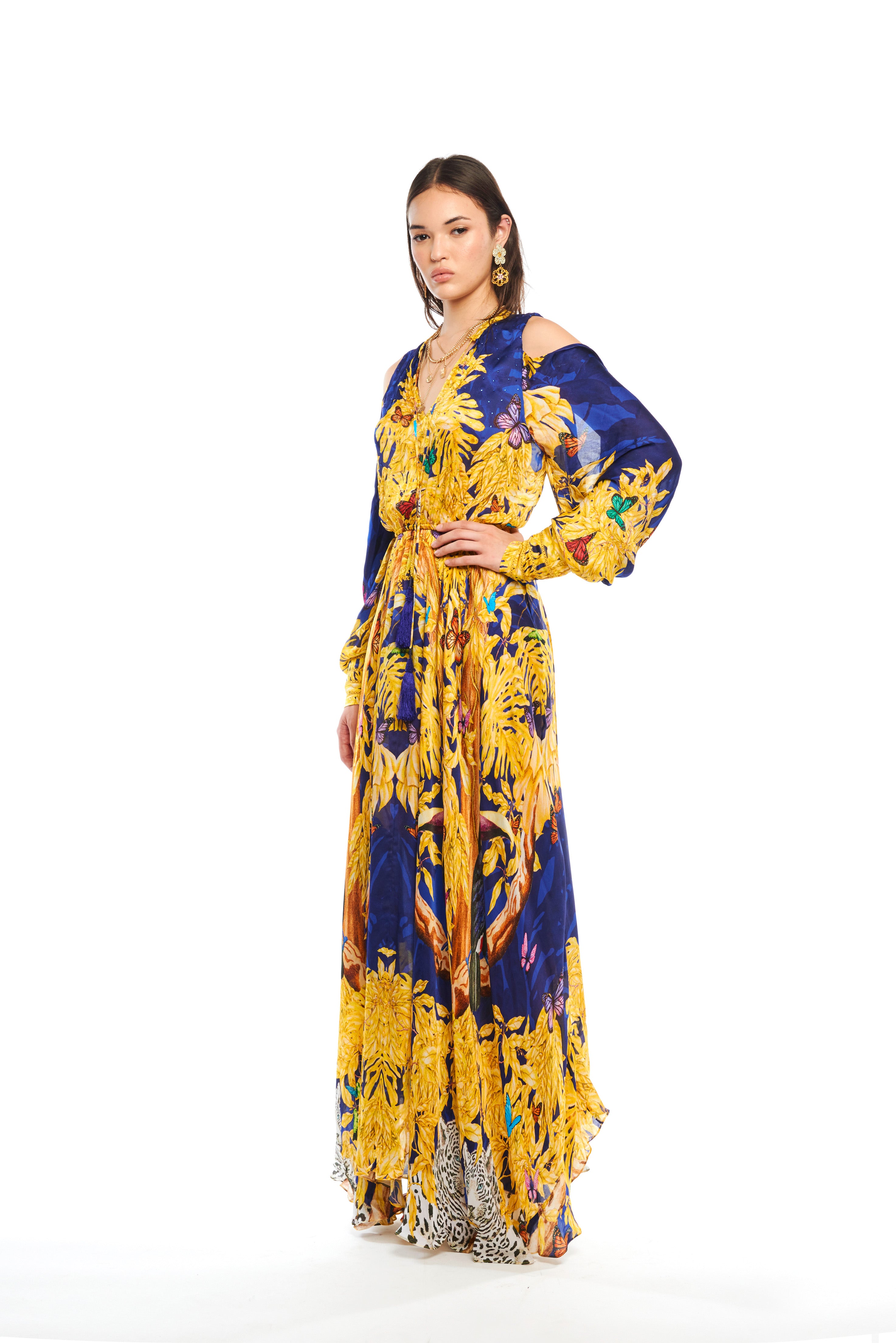 Draped Long Hanging Sleeves Dress Jungle Sunset in georgette satin