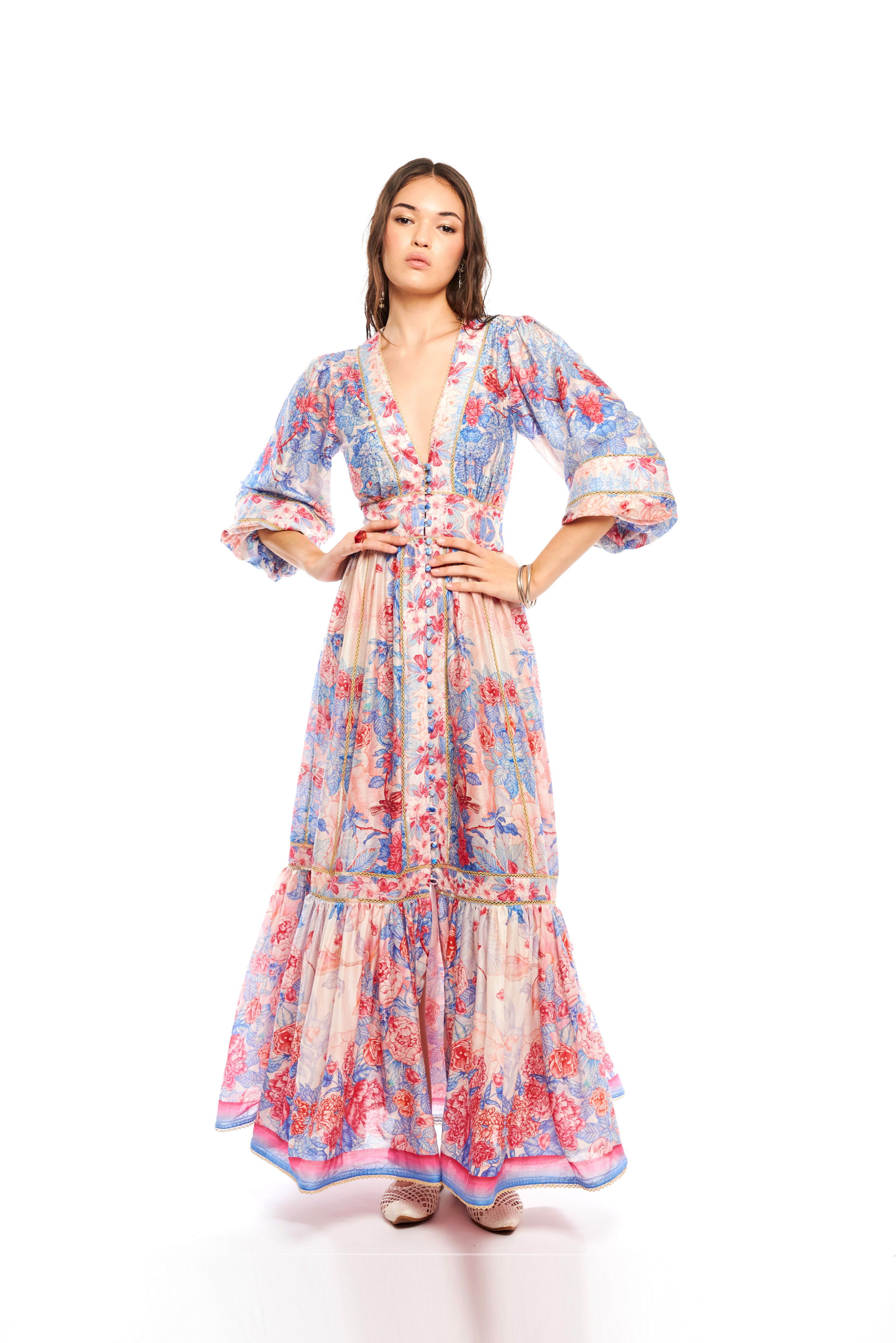 Poesia Long Arms Chemisier Garden Blue in chandery fabric