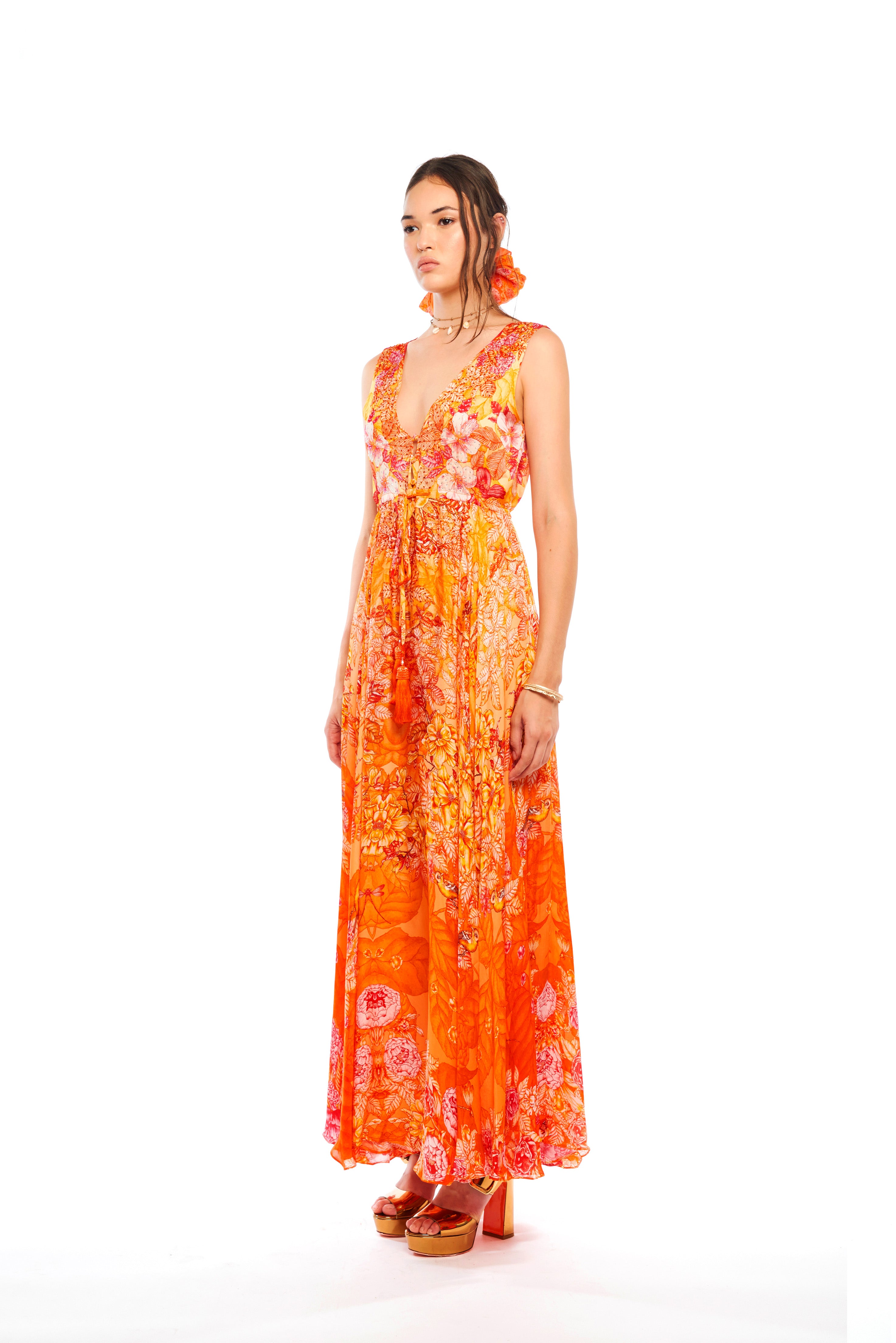 V-Shape Long Dress Garden Orange in cherry satin