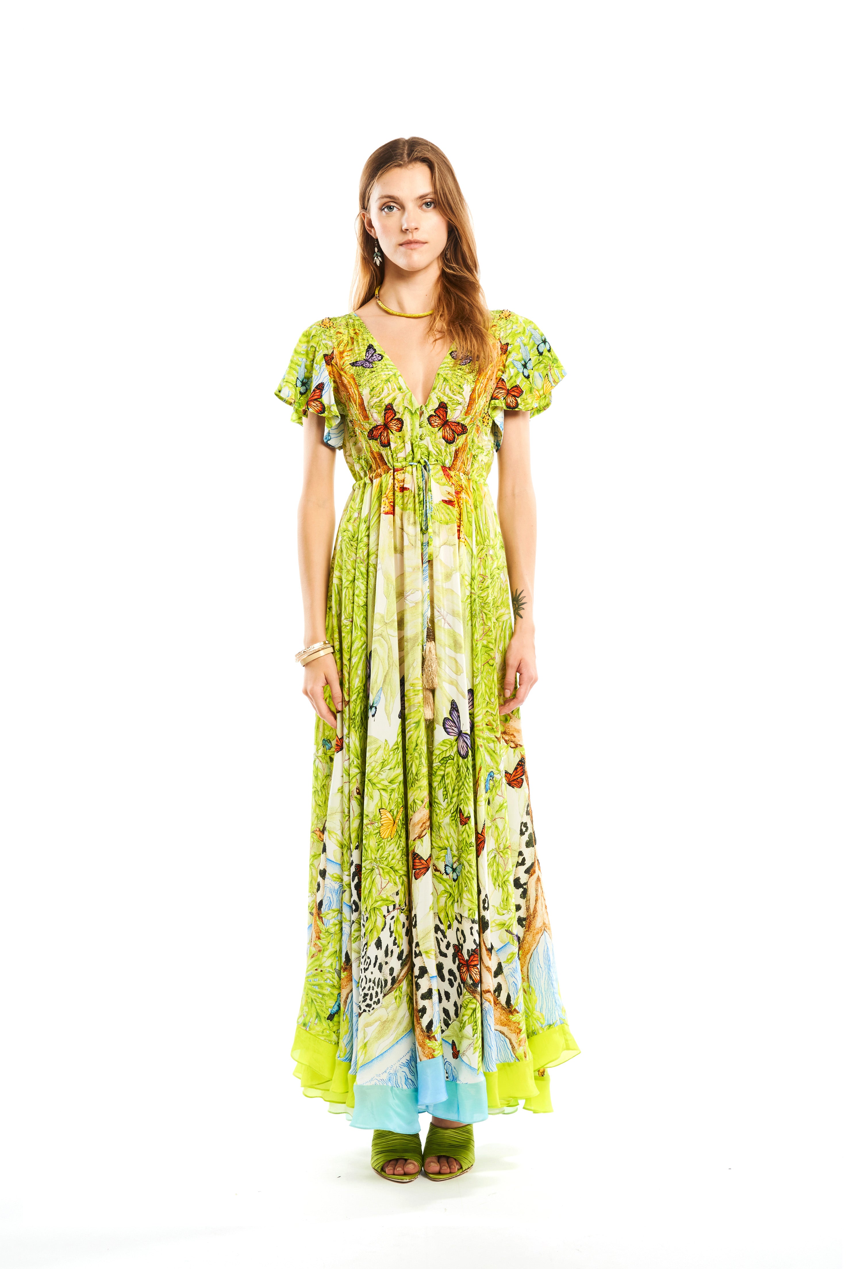 V-Shape Long Dress with arms Jungle Day in natural crepe