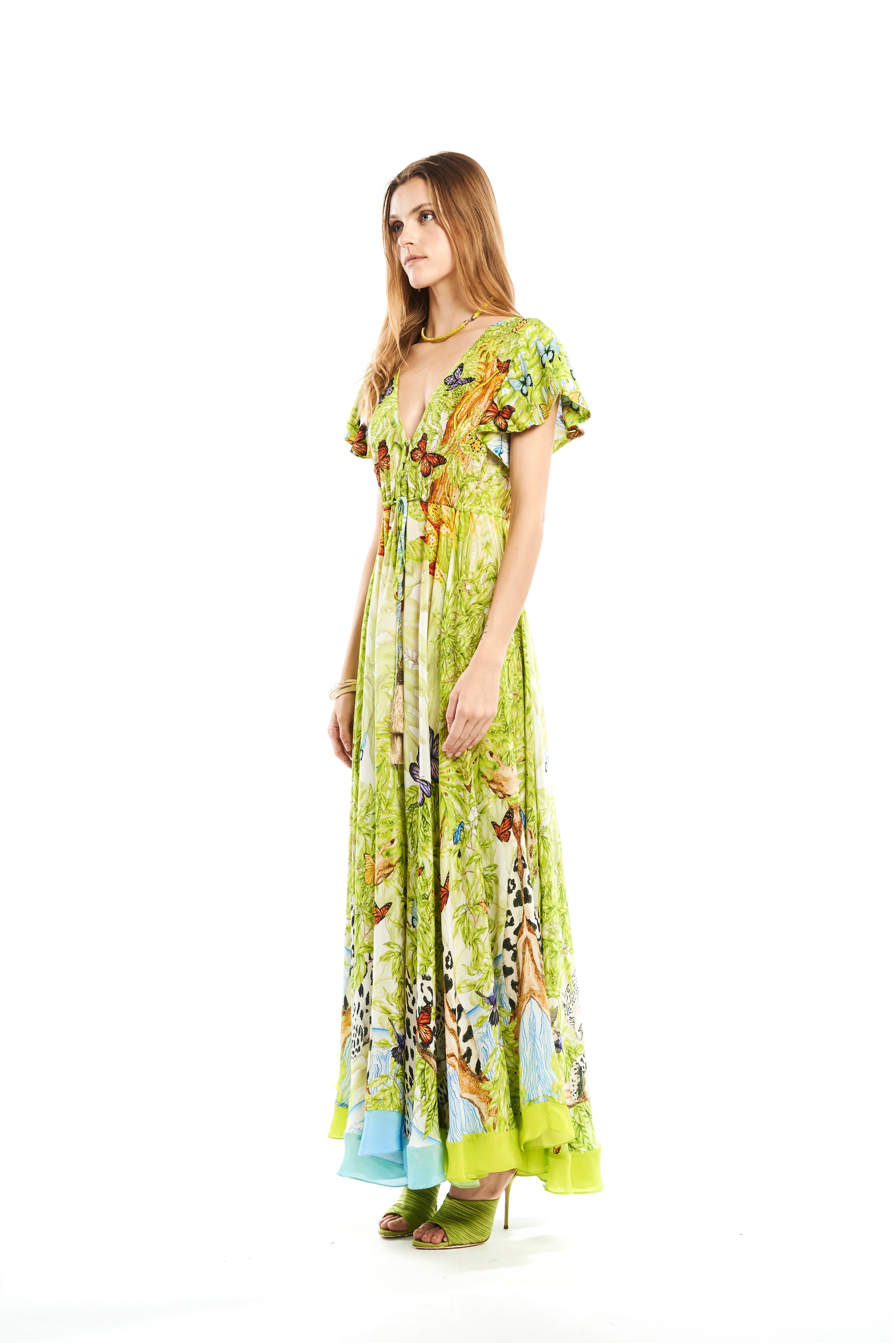 V-Shape Long Dress with arms Jungle Day in natural crepe