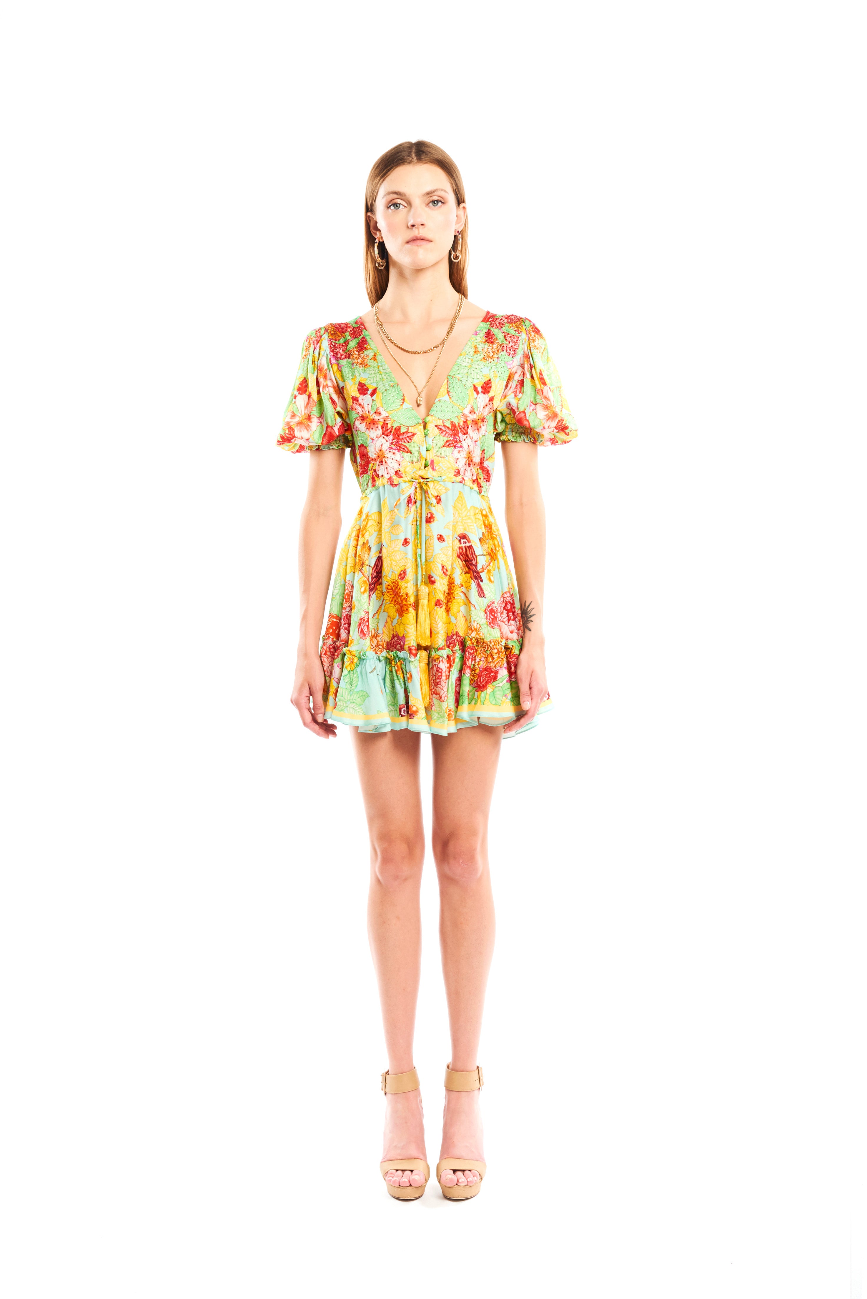 V-Shape Mini Dress with arms Garden Green in linen satin