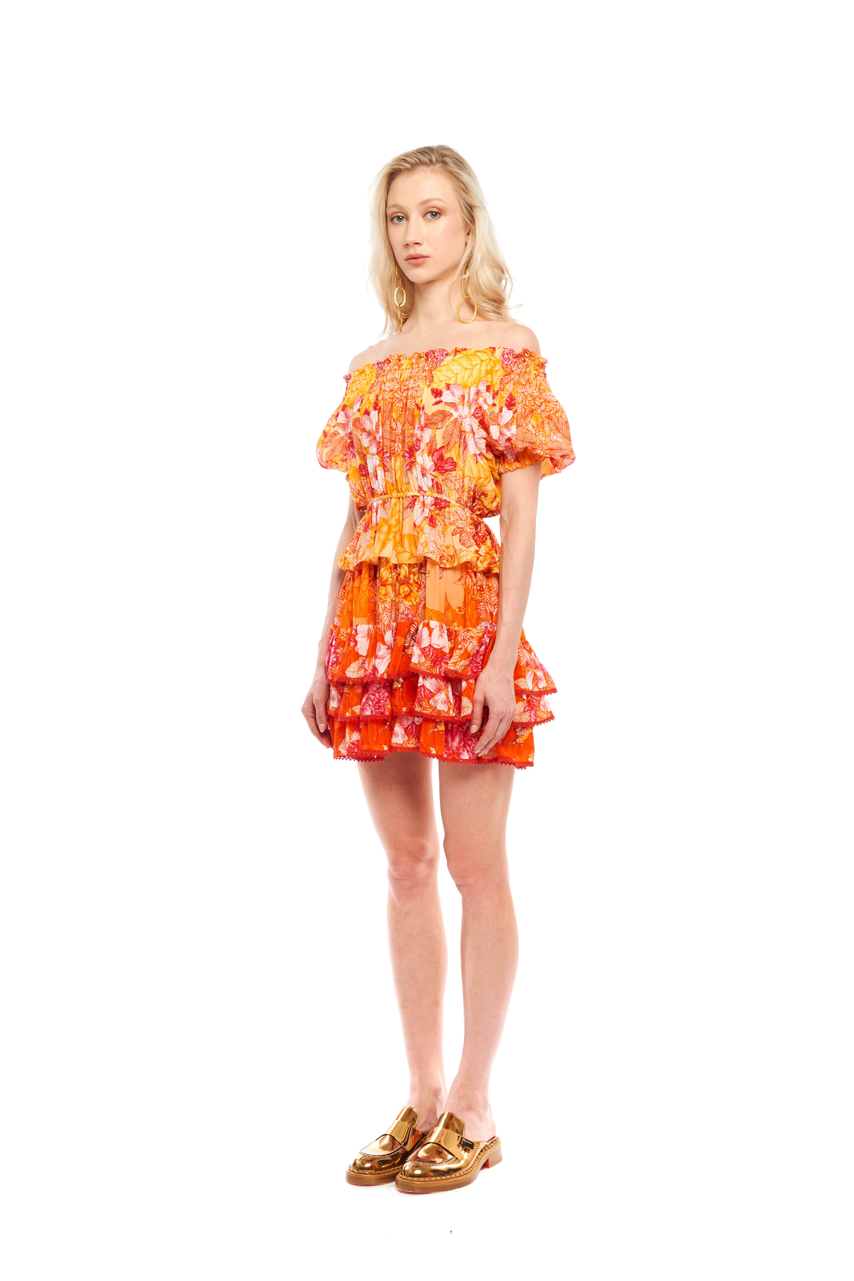 Off Shoulder Ruffle Short Dress Garden Orange in natural crêpe